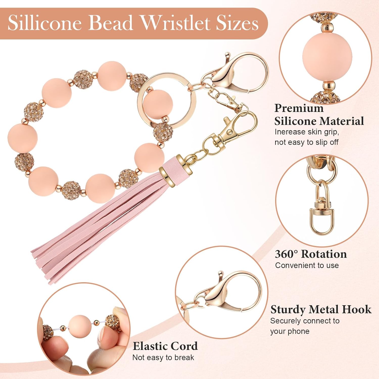 Silicone Beaded Cell Phone Wrist Strap, Silicone Key Ring Bracelet with Tether Tab Tassel, Pink Elastic Wristlet for Phone, Wristlet Bracelet Keychain for Women Wallet Credit Card Key Holder - Image 4