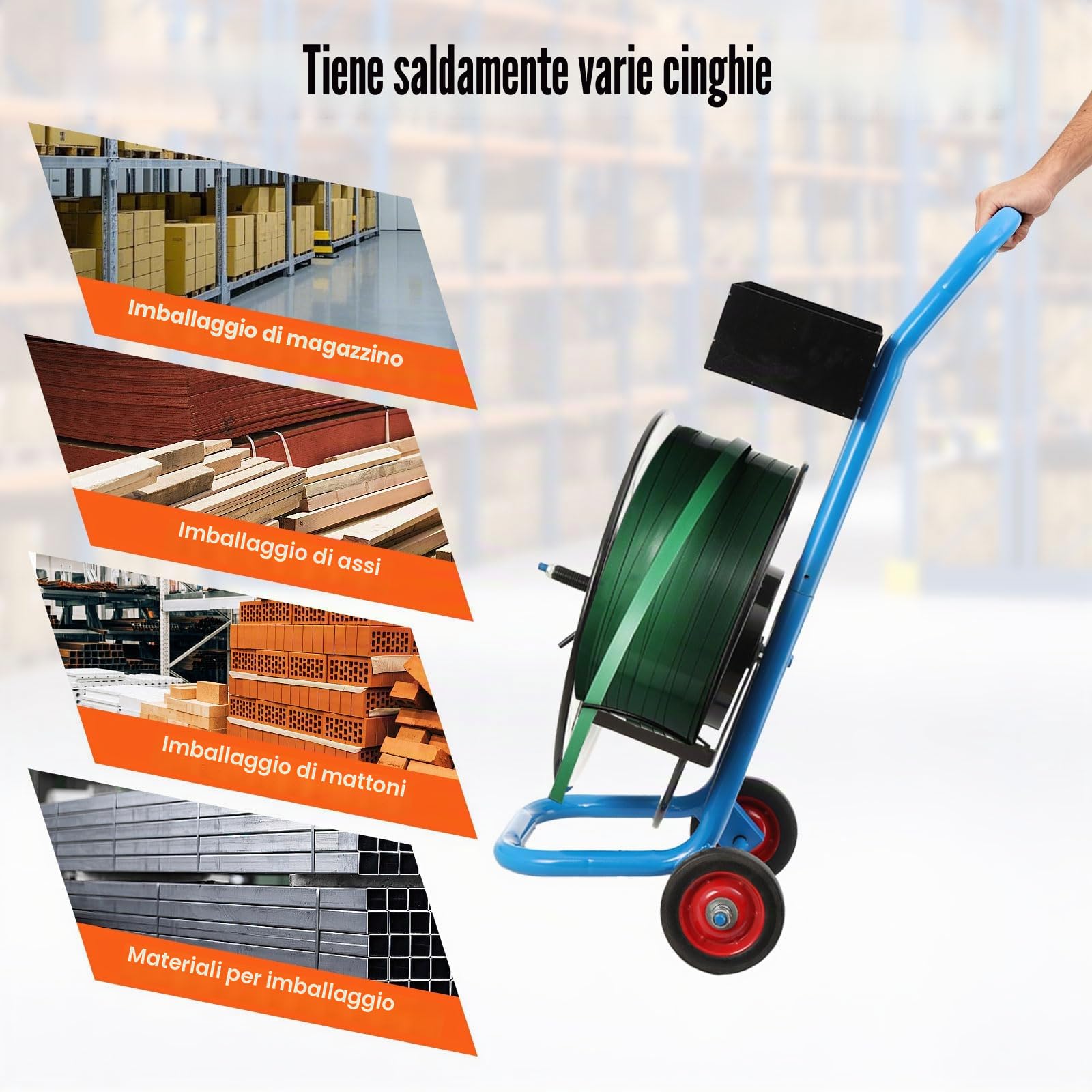 Carrello per Reggiatura, Carrello per Fascette da Imballaggio Professionale con Ruote per Reggia PP/PET/Fibra da 203 mm Fino a 70 kg, Magazzino e Uso Esterno