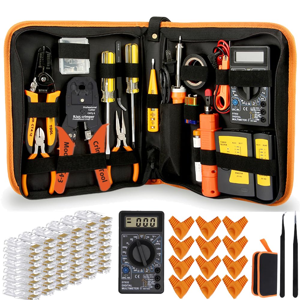 LEATBUY - Kit de herramientas de crimpado RJ45 Cat5 Cat5e Cat6 RJ45, 50 conectores RJ45 Cat6, 50 cubiertas, probador de cables de red, crimpadora de cables LAN (naranja)