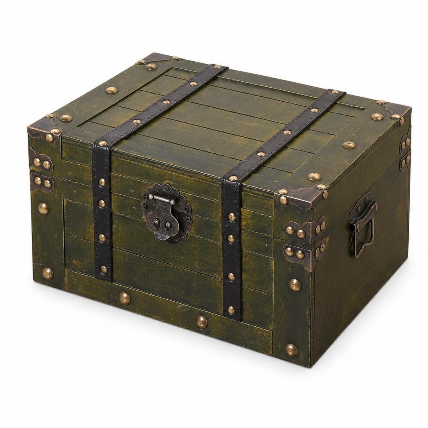 Brass-Tone Studs Distressed Green Chest Metal Latch Vintage Wooden Chest Dark Strap Bands Rustic Storage Trunk Solid Wood, Green, L-image-17