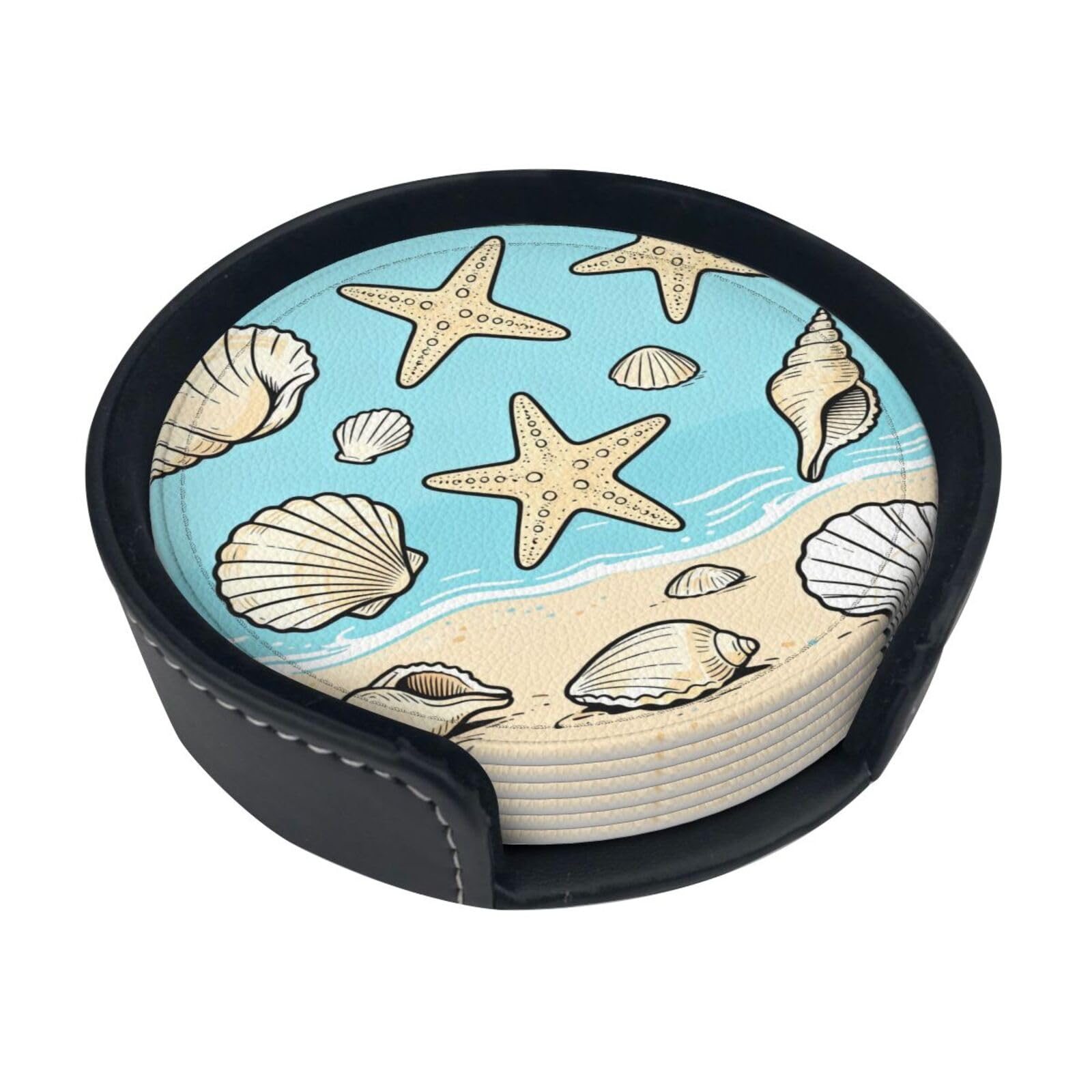 Cntdbu White Shell Starfish Set Leather Coasters Set Of 6-Pu Leather Drink Mats For Table, Heat Resistant Round Coasters With Holder