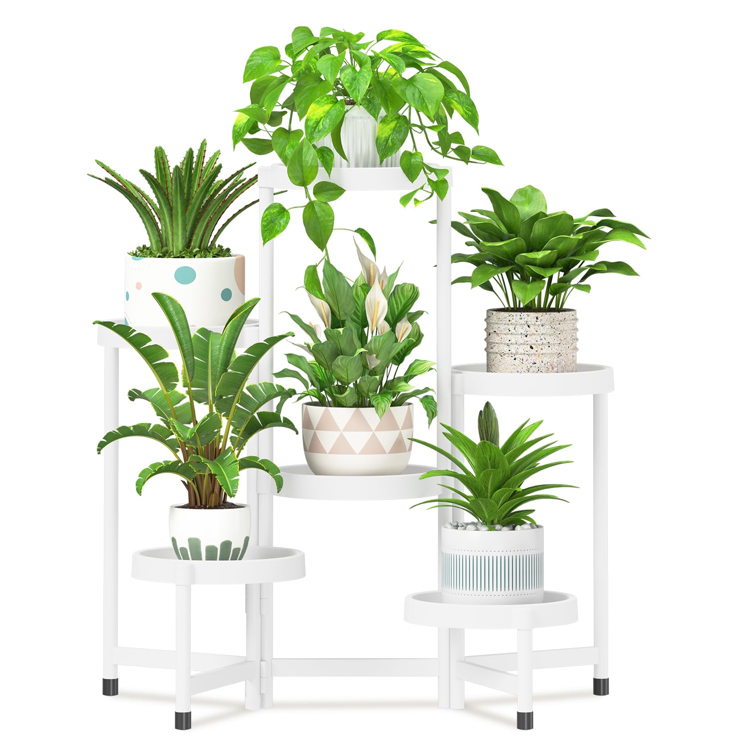Photo 1 of iDavosic.ly 6 Tier Folding Plant Stand Indoor Outdoor with Plastic Tray, Tiered Corner Flower Holder Shelf, Metal Orchid Display Rack for Patio Porch Living Room Garden Balcony, White