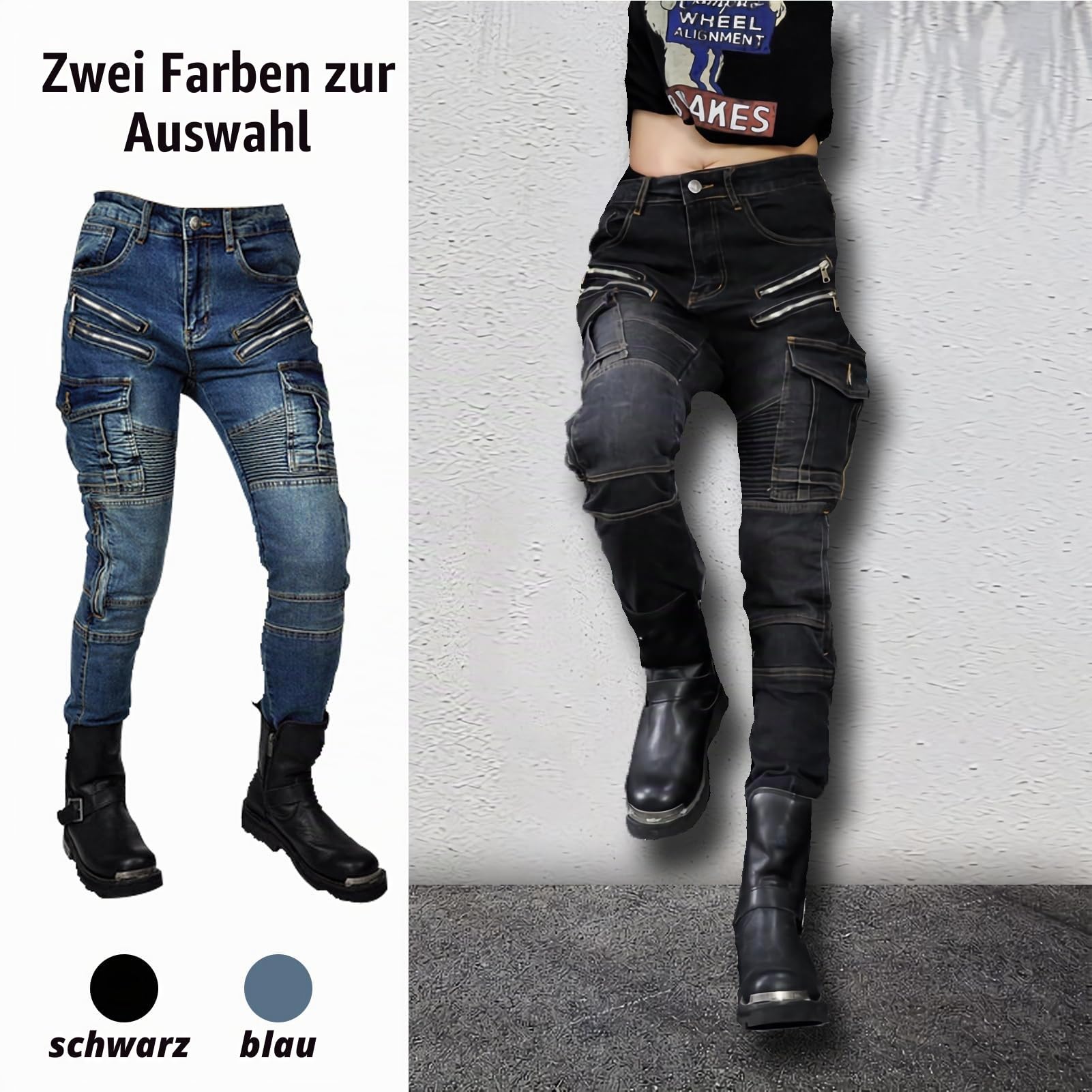 Damen Slim Fit Motorrad Jeans Mit Protektoren Knie Und Hüftprotektoren Stretch Slim Fit Denim Motorradhose Cargo Motorradjeans Schutzhose Biker Pants (Schwarz,S)