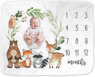 Woodland Baby Monthly Milestone Blanket, Woodland Animals Baby Growth Chart Monthly Blanket, Woodland Forest Nursery Decor, Includes Marker (50@)