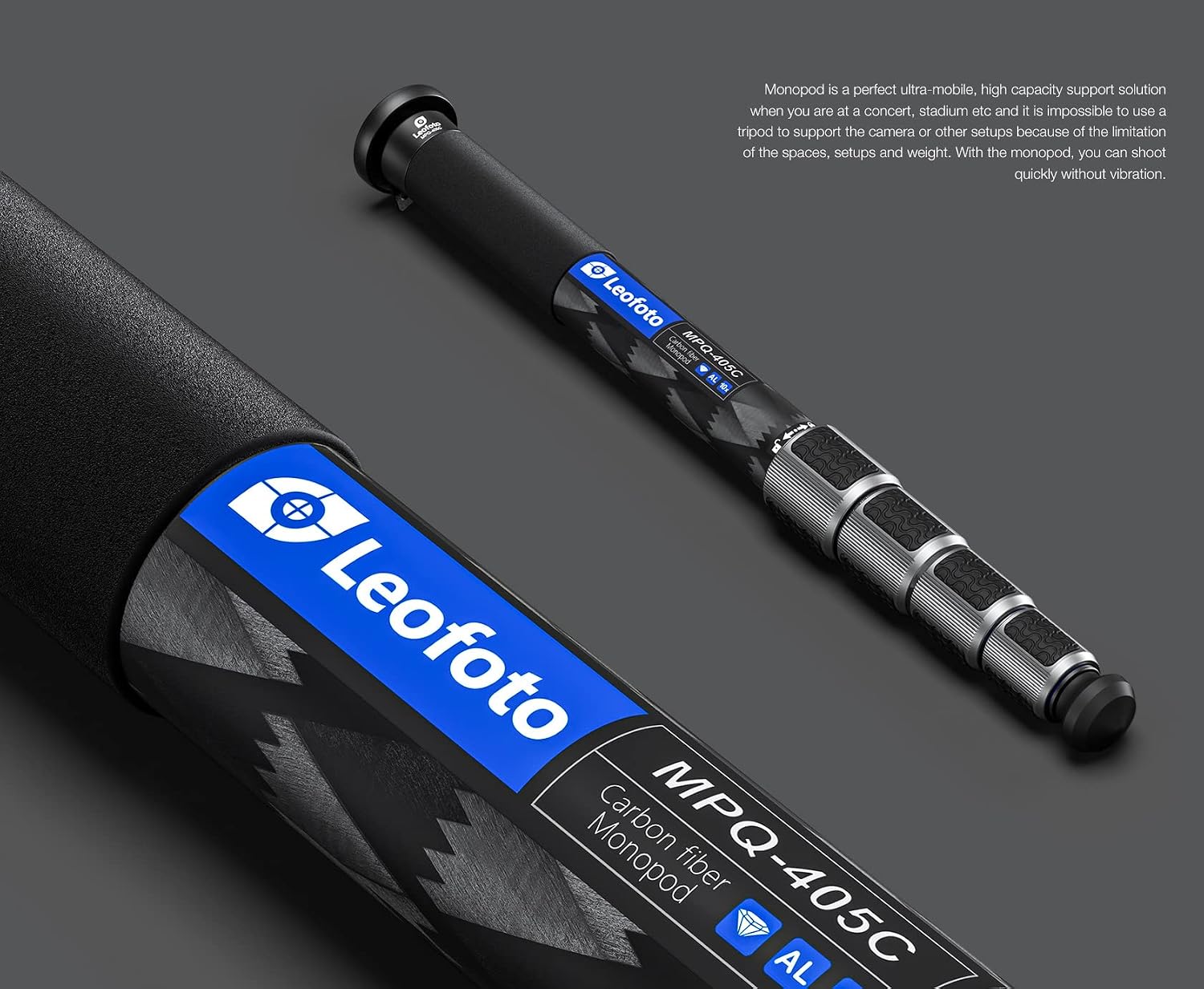 Leofoto MPQ-405C Water Sand-Proof Camera Monopod Stand with Case, 72.8” 4-Sec Carbon Fiber Video Travel Lightweight Monopod with Wrist Strap, Silicone Handle for Sony/Canon/Nikon/DSLR Max.Load 55lb