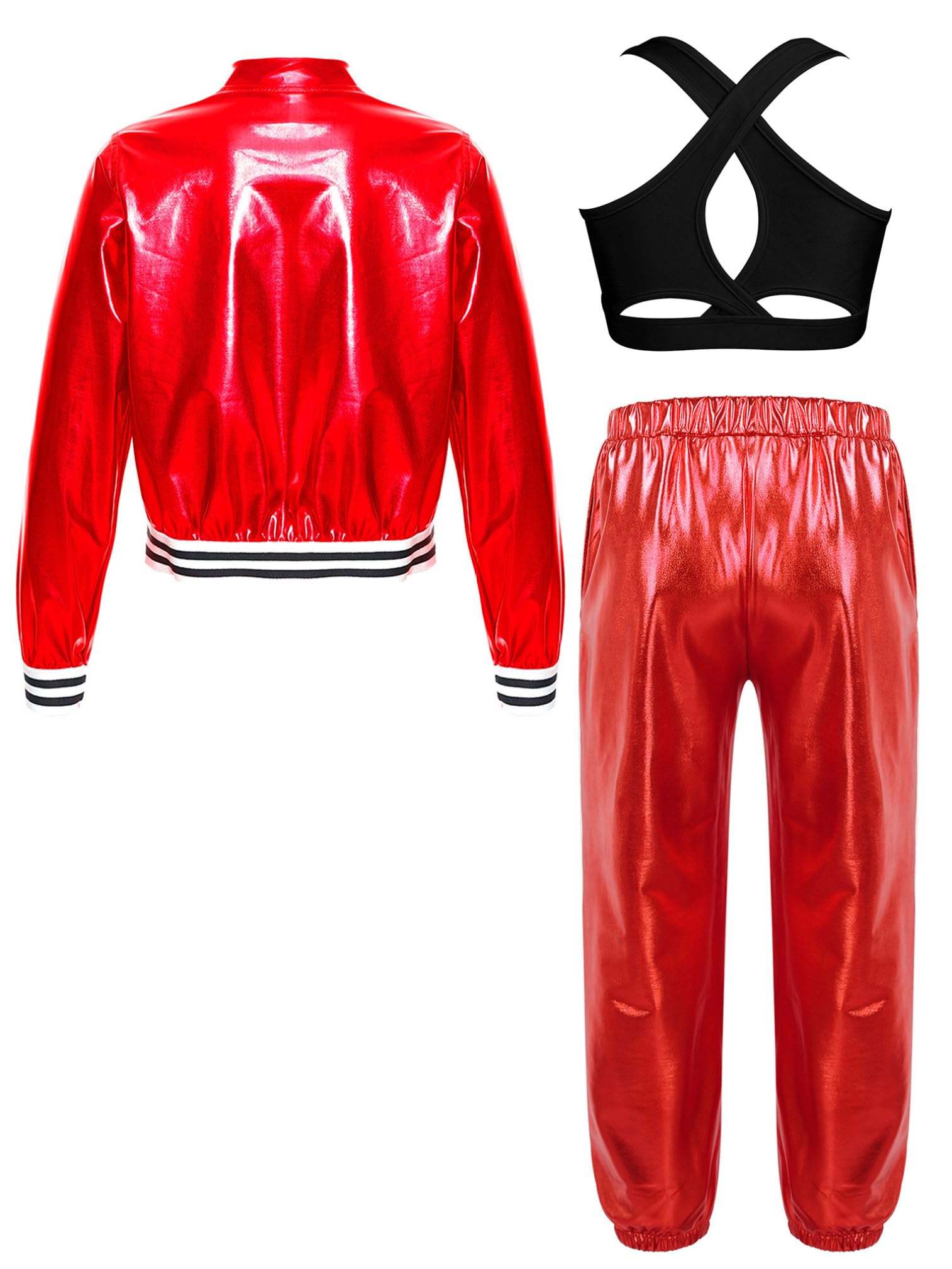 ranrann 3 Pezzi Bambina Tuta da Danza Jazz Hip Hop Lucido Giacca + Pantaloni + Crossback Canotta Tuta da Ginnastica Sportiva Yoga Streetwear