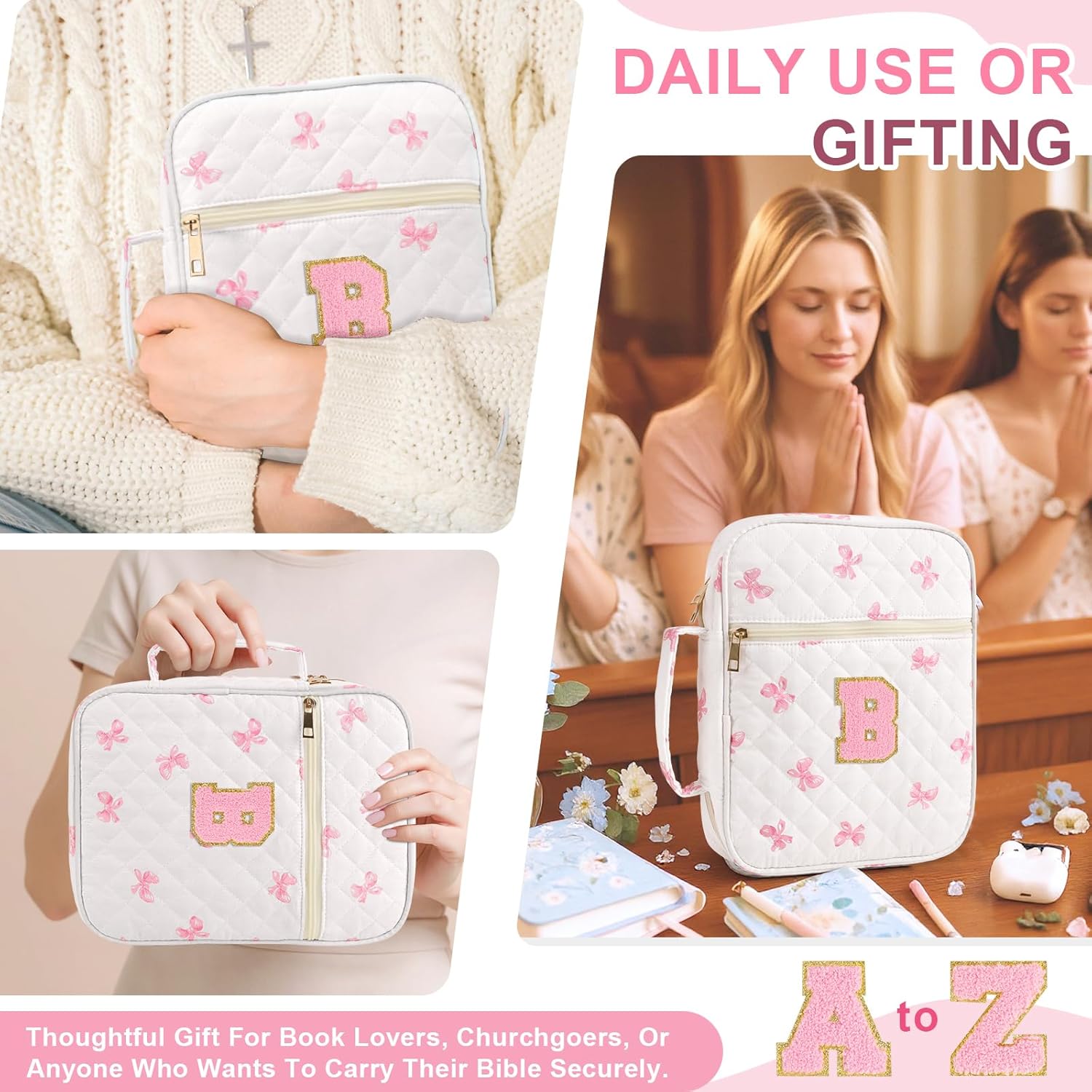 Personalized Initial Bible Cover Case for Women Girls Kid - Large Quilted Bible Case with Handle, Stylish Chenille Letter Bag Study Supplies, Perfect Christmas Gifts for Christians Women (Pink Bow-B)