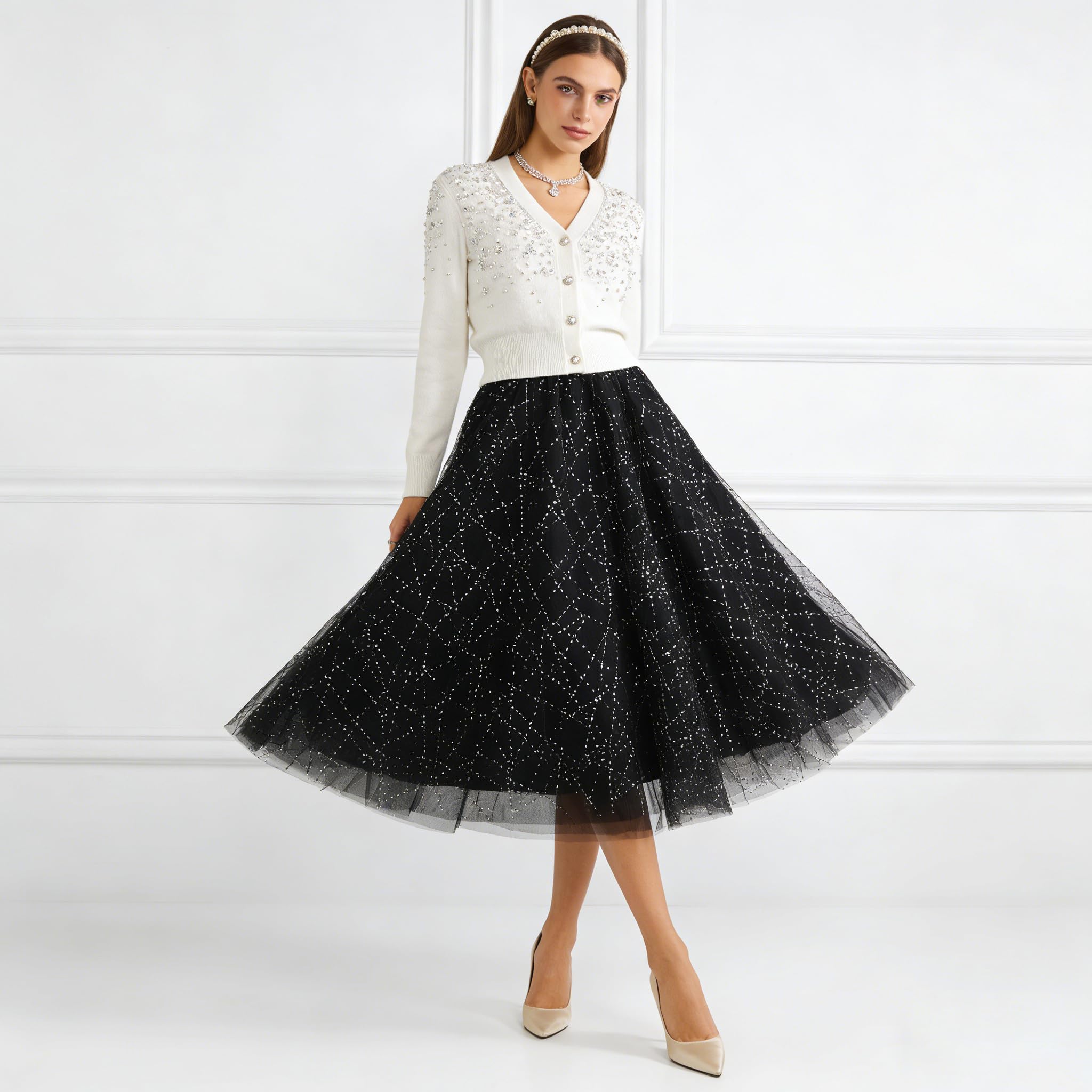 Falda Midi Brillante para Mujer con Forro Cintura Alta Corte a Enagua Faldas Tul con Lentejuelas Brillantes para Salidas Nocturnas Clubes Conciertos Cócteles.