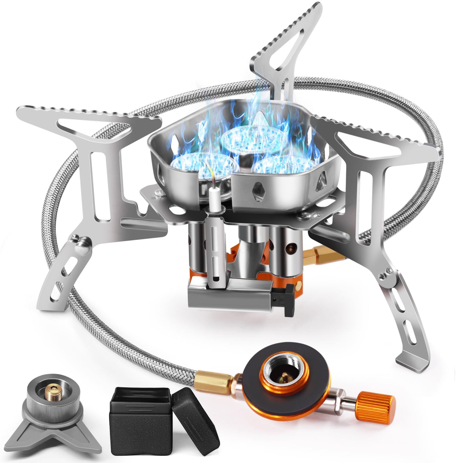 AUTOPkio 6800W Fornello da Campeggio, Portatile Antivento Stufa Campeggio | con 3 Teste di Bruciatore Piezoelettrica, Fornellino a Gas da Campeggio per Outdoor Picnic Trekking