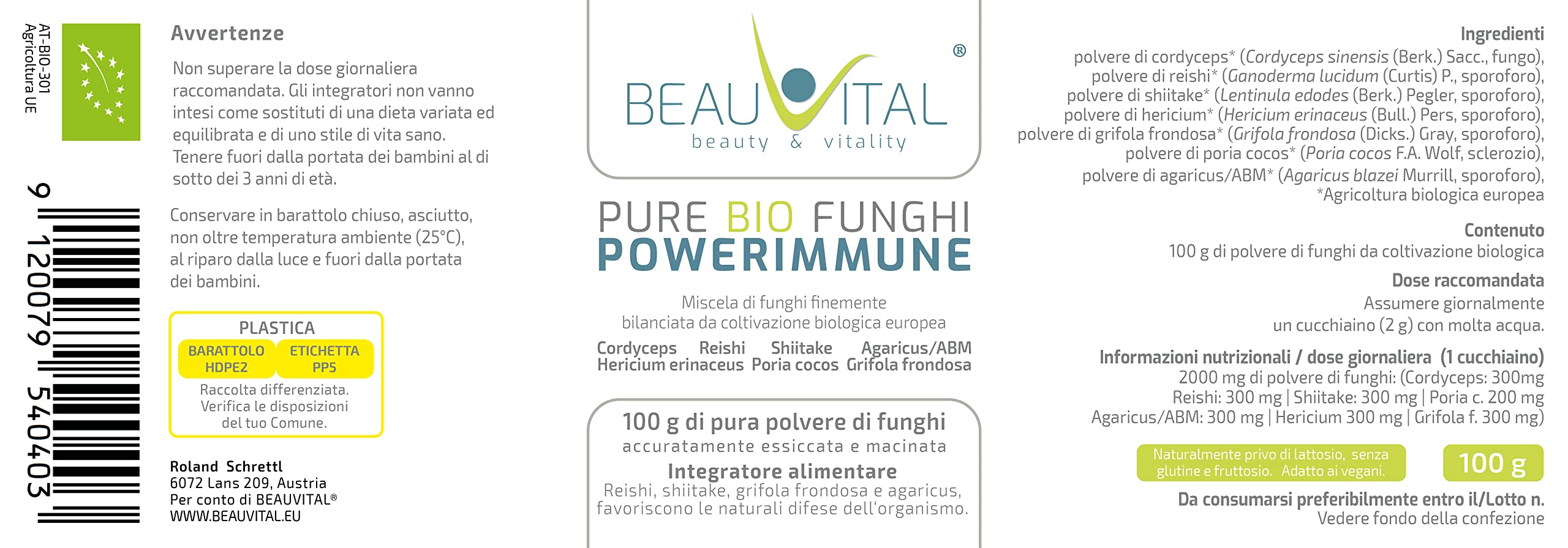 Pure Bio Powerimmune Mix funghi medicinali 100 g complex dal 7 fungo del Cordyceps, Reishi, Hericium, Agaricus, Grifola, Poria Cocos, Shiitake da agricoltura biologica dell'UE, vegan