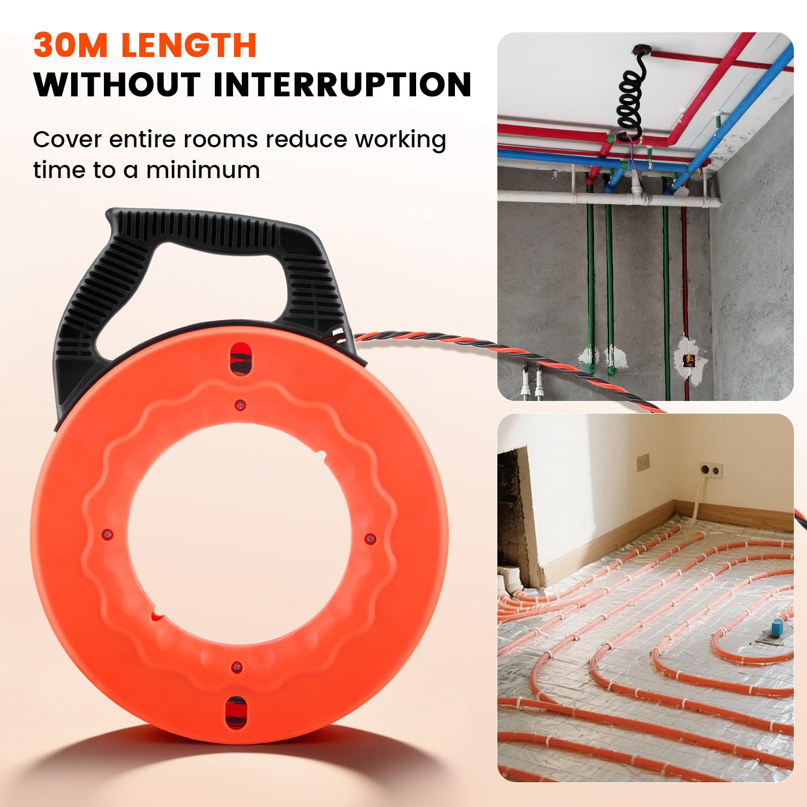 Guía Pasacables 30m, Enhebrador de Alambre Electrico Diámetro 5 mm, Sonda Guía para Electricista con 2 Muelles de Guía, con Mango, Herramienta para Pasar Cables en Instalaciones Eléctricas (Naranja)