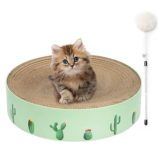 Cat Scratch Pad, Corrugated Cardboard Cat Scratcher Durable Cat Scratcher Cardboard, Premium Cat Scratching Pad for Kitten, Concave Design Cat Scratcher Bowl with Bonus Cat Wand Charmer Toy
