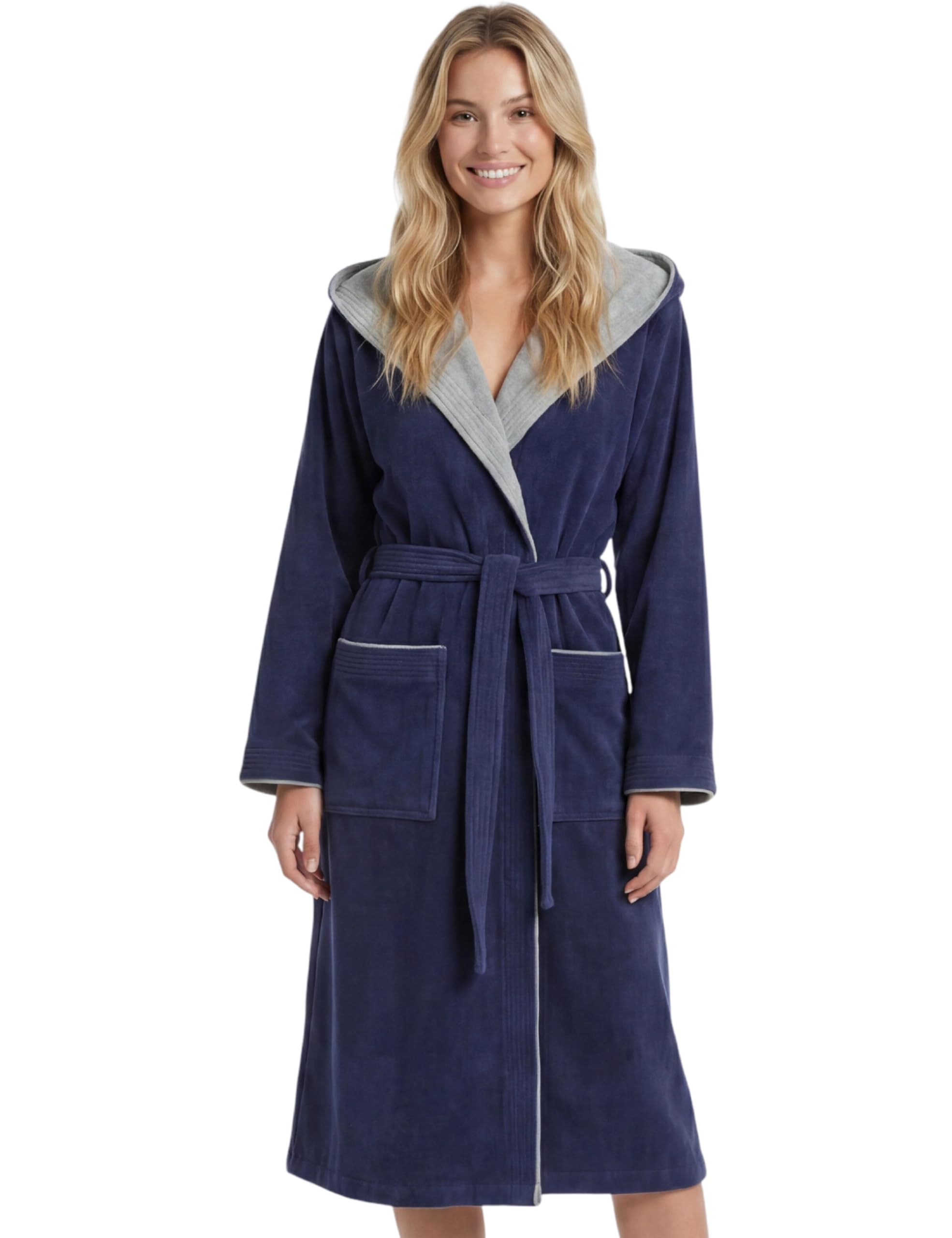 Morgenstern Women's Dressing Gown with Hood Cotton Terry Towelling Velour Long blue L