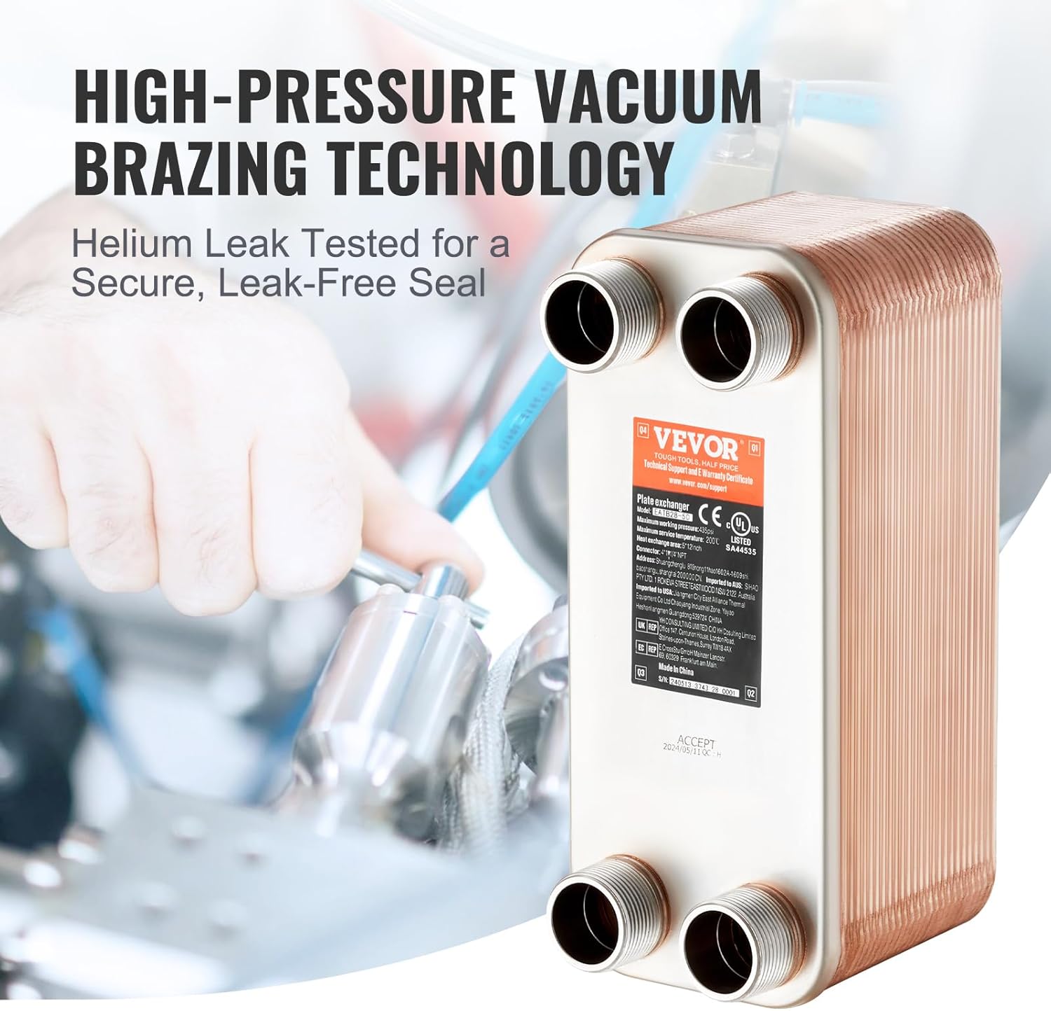 VEVOR Brazed Plate Heat Exchanger, EATB28-50 5"x12" 50 Plates, Copper 316L Stainless Steel for Floor Heating Water Heating Snow Melting Beer Cooling
