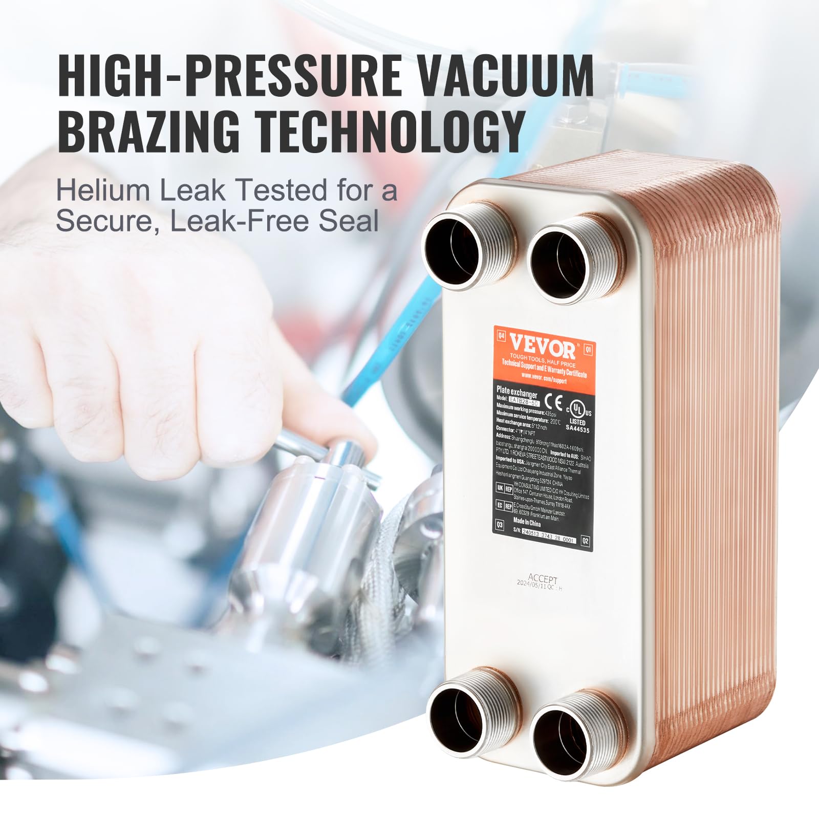 VEVOR Scambiatore di Calore, Piastre Brasate in Rame o Acciaio Inossidabile 316 L 127x305 mm, 50 Piastre, per Riscaldamento a Pavimento, Riscaldamento Acqua, Scioglimento Neve, Raffreddamento Birra