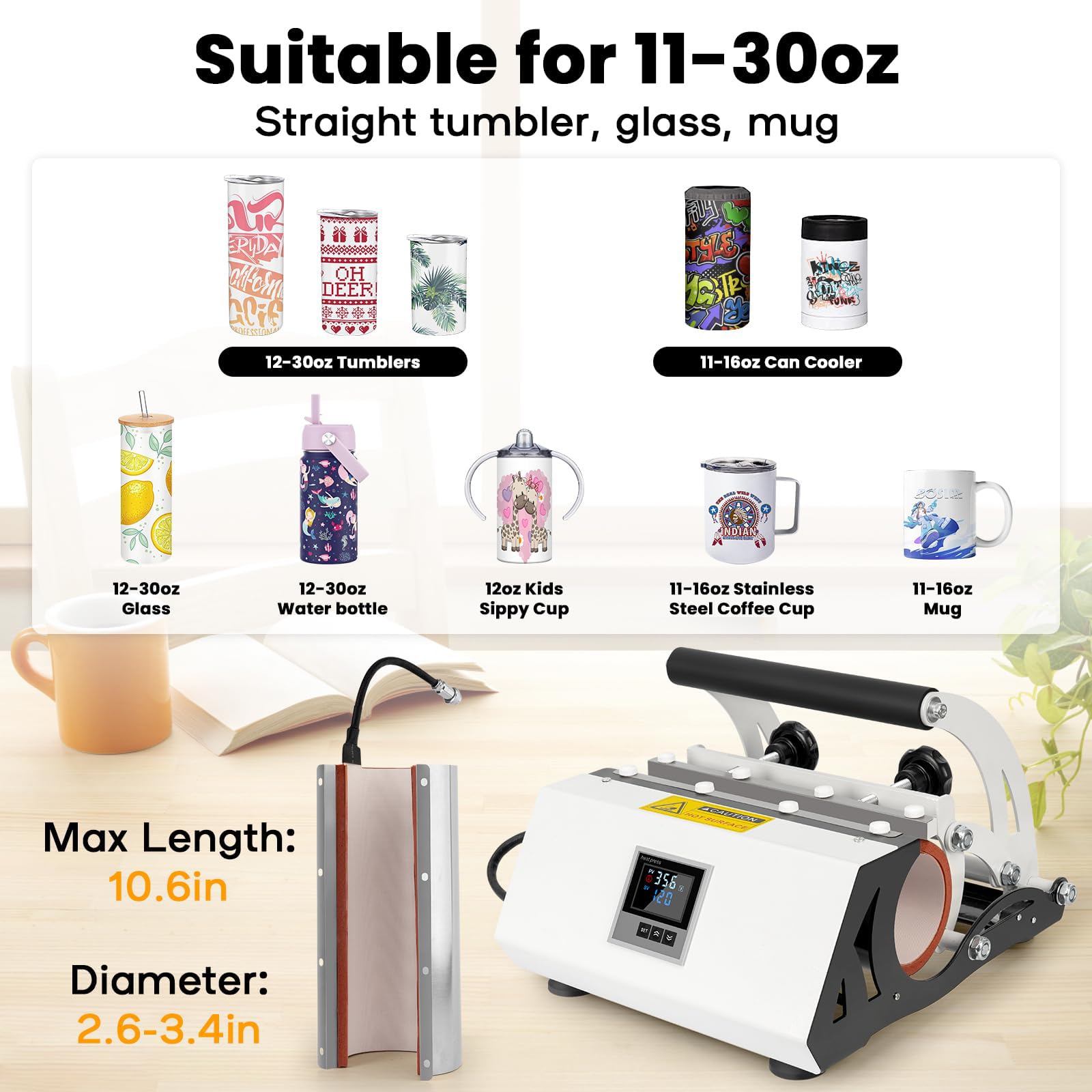 Máquina de prensa de calor para tazas de vaso, máquina de prensa de tazas para vasos en blanco de sublimación de 20 oz a 30 oz y tazas de 11 a 15 oz con cinta térmica de papel de sublimación y guantes