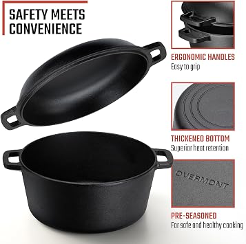 Overmont 5QT Double Dutch Oven for Bread Baking, 2-in-1 Pre-Seasoned Cast Iron Pot with Skillet Lid for Sourdough, Frying, Camping & Outdoor Cooking