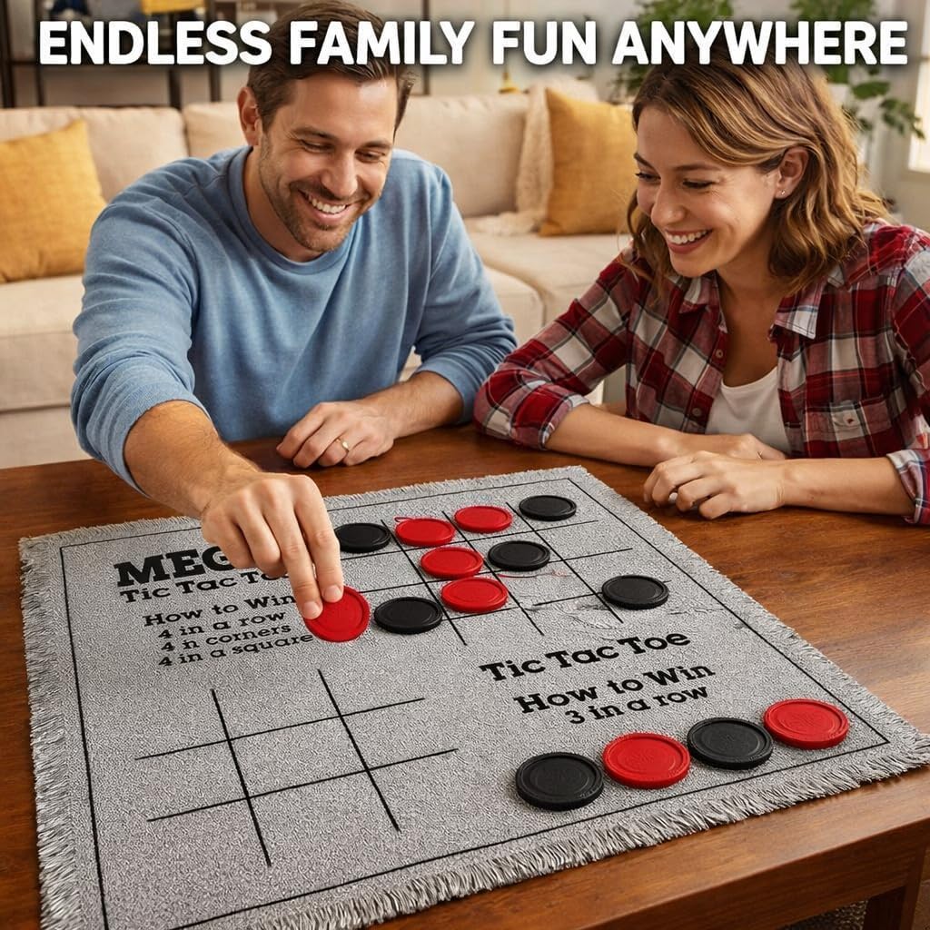 Bolaball 3-in-1 Jumbo Checkers & Tic Tac Toe Game Set with Carry Bag – Giant Outdoor Board Games, Family Games, Reversible 26" x 26" Board, 24 Easy-Grip Chips, for 13+ Age