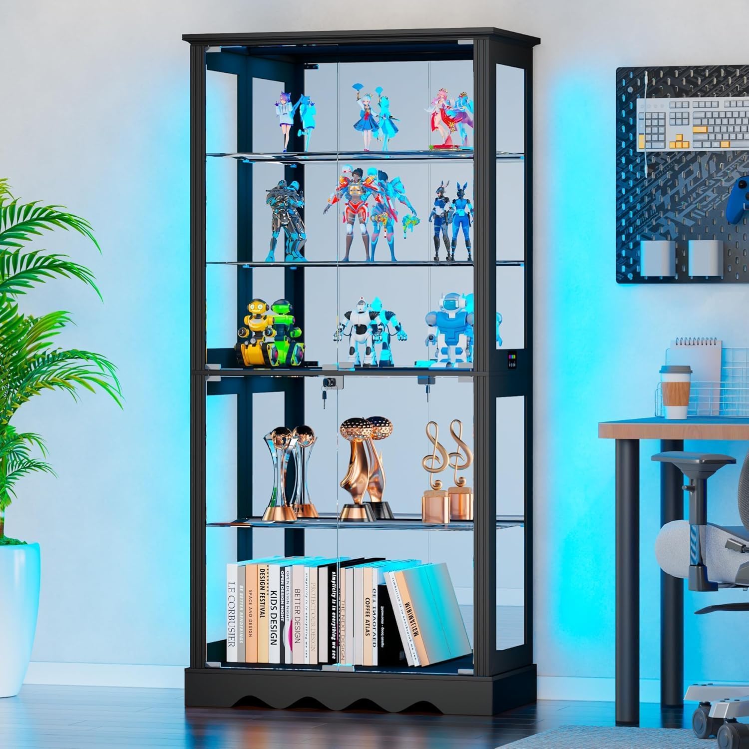 71'' Tall Curio Cabinet with Glass Doors & RGB Lights, LED Display Case with Removable Shelf and Motion Sensor, Black Modern Collectibles Showcase for Books Medals Figures, Black