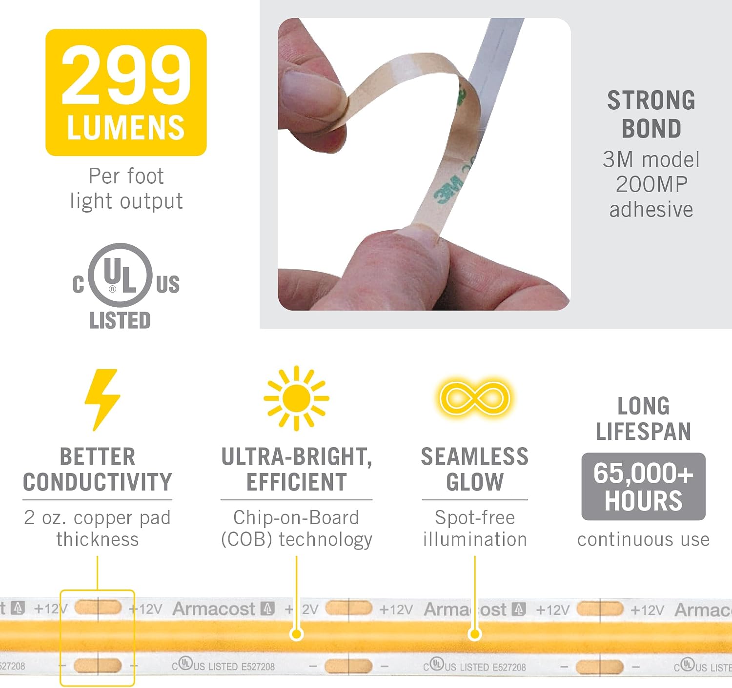 Armacost Lighting RibbonFlex Pro 12V White LED COB Strip Light Tape, 299 Lumens/Ft, 3000K, 10M (32.8 ft) 176250