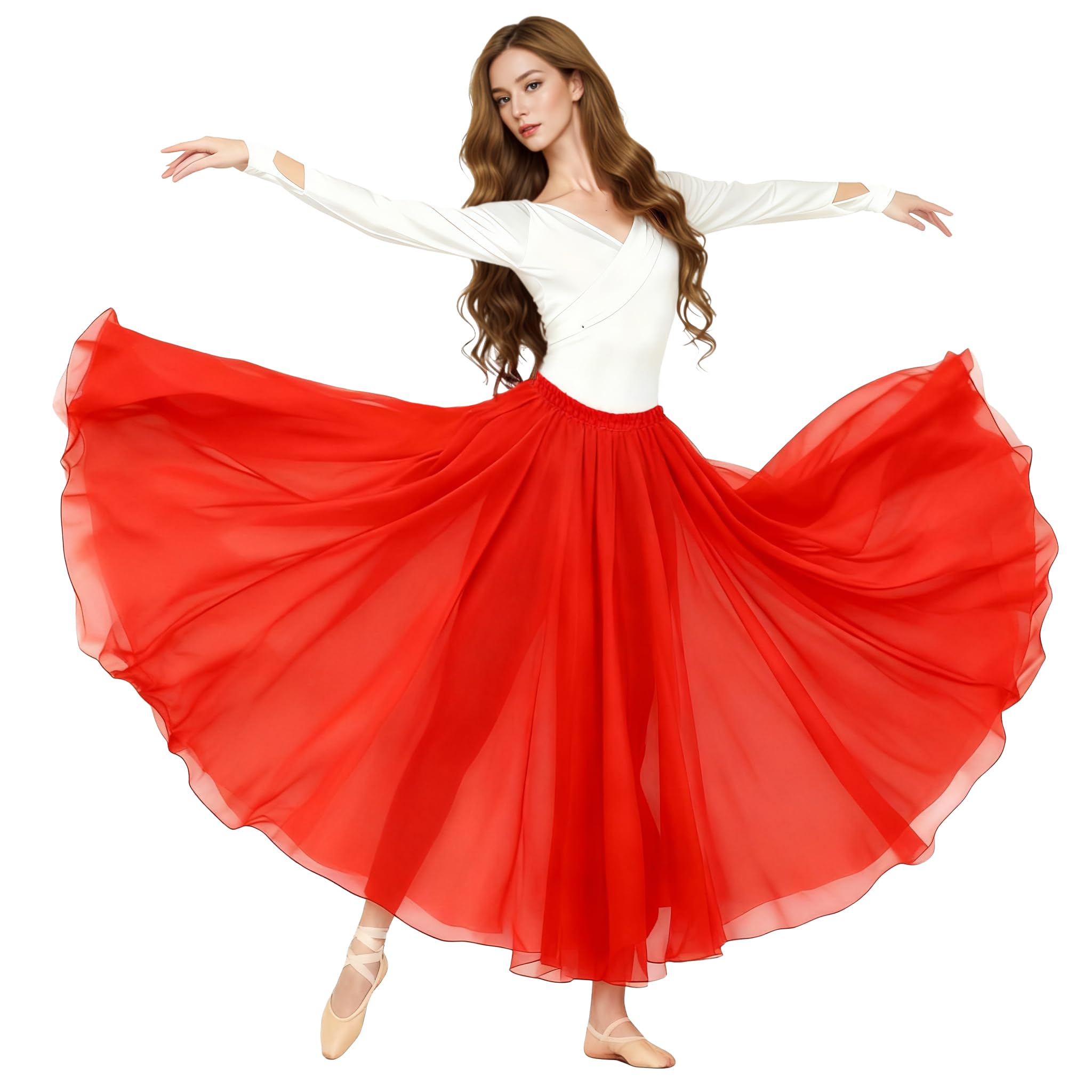 Baisdan Women's Red Belly Dance Long Swing Skirt Festival Tribal Chiffon Maxi Full Skirt