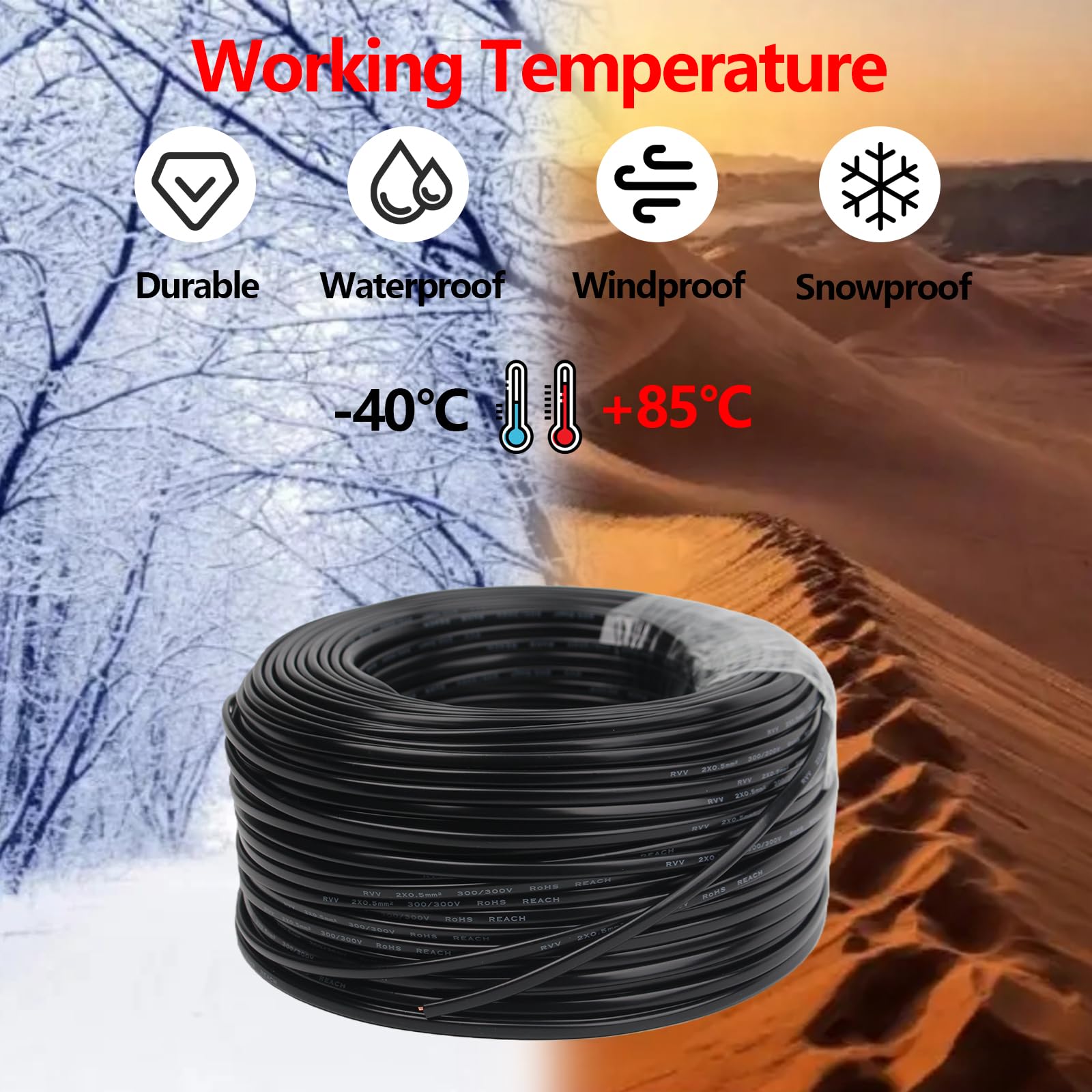 Câble Plat 2 Fils 2 x 0,5 mm² 12V/24V Câble Électrique Flexible Plat Rouge/Noir pour Remorque Automobile Caravane Bateau Lumière Automobile 100M/328.08Pieds