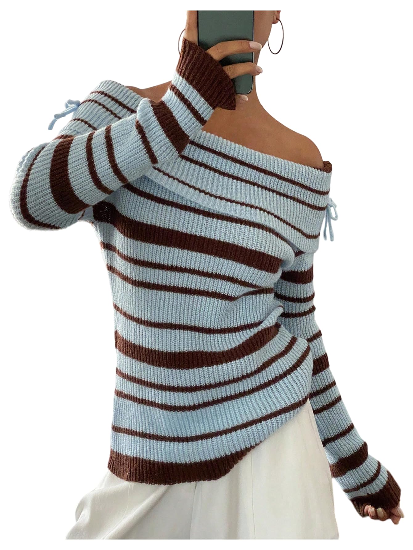 GORGLITTER Womens Off The Shoulder Striped Sweater Foldover Long Sleeve Knit Sweaters Going Out Fall Tops