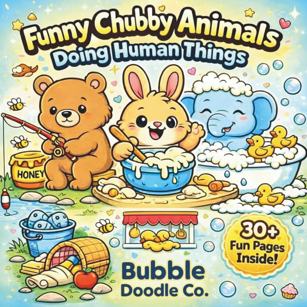 Funny Chubby Animals Doing Human Things: A Fun & Relaxing Coloring Book for Kids & Adults