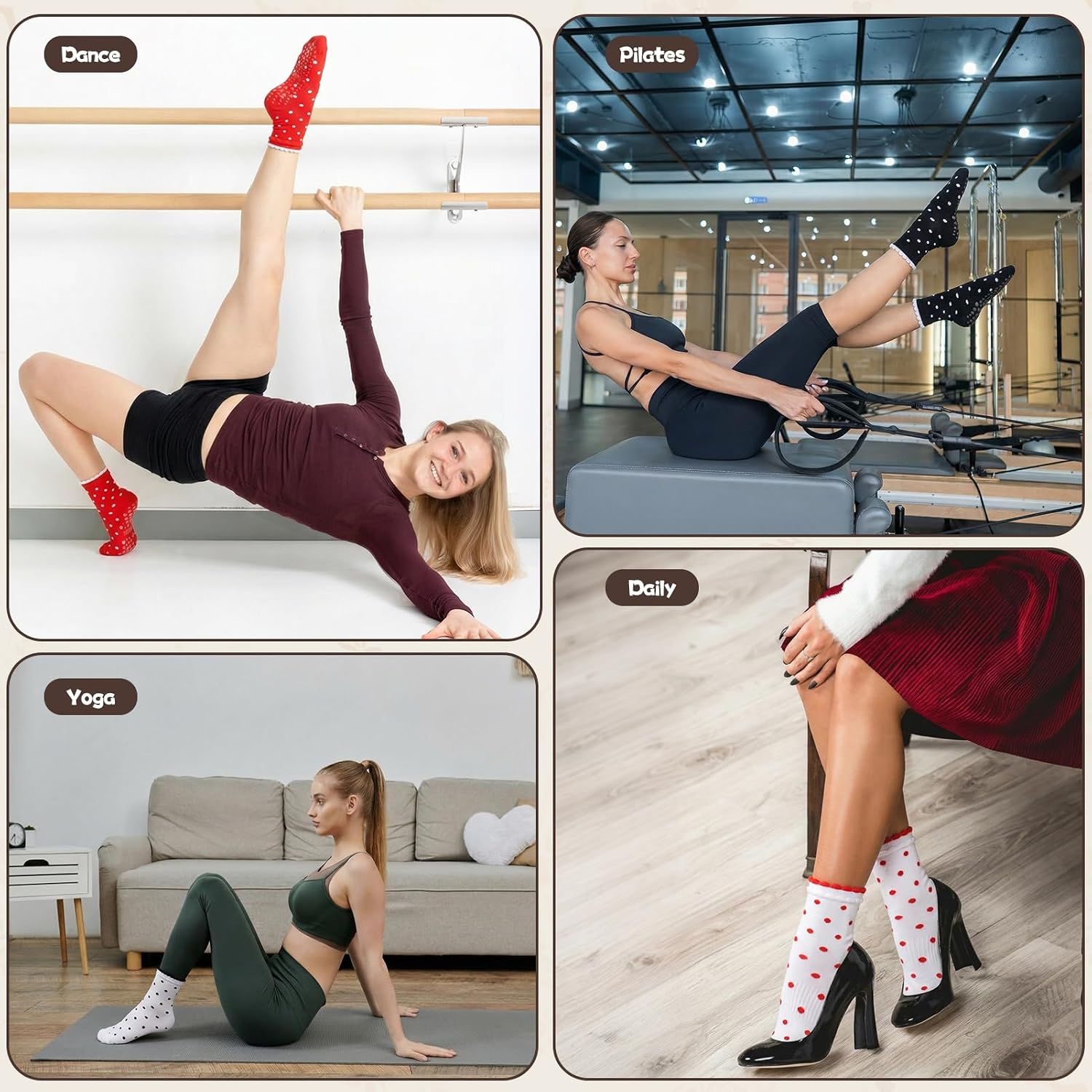 Cute Polka Dot Pilates Socks for Women, Non-Slip Grip Ruffle Yoga Socks for Barre Daily Wear Dance Workout