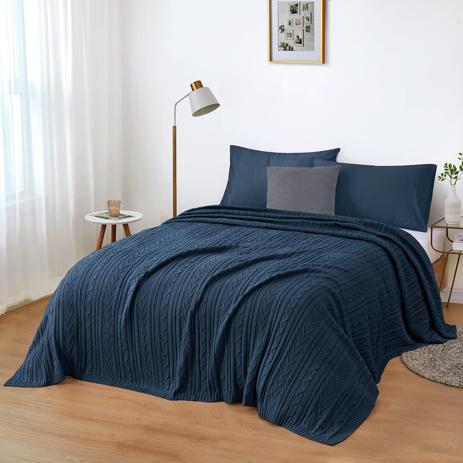 Aormenzy Navy Blue Cable Knit Throw Blanket Queen Size for Bed Couch Sofa, Super Soft Cozy Knitted Blanket 90" x 90" Bed Blankets Full Size - Image 2