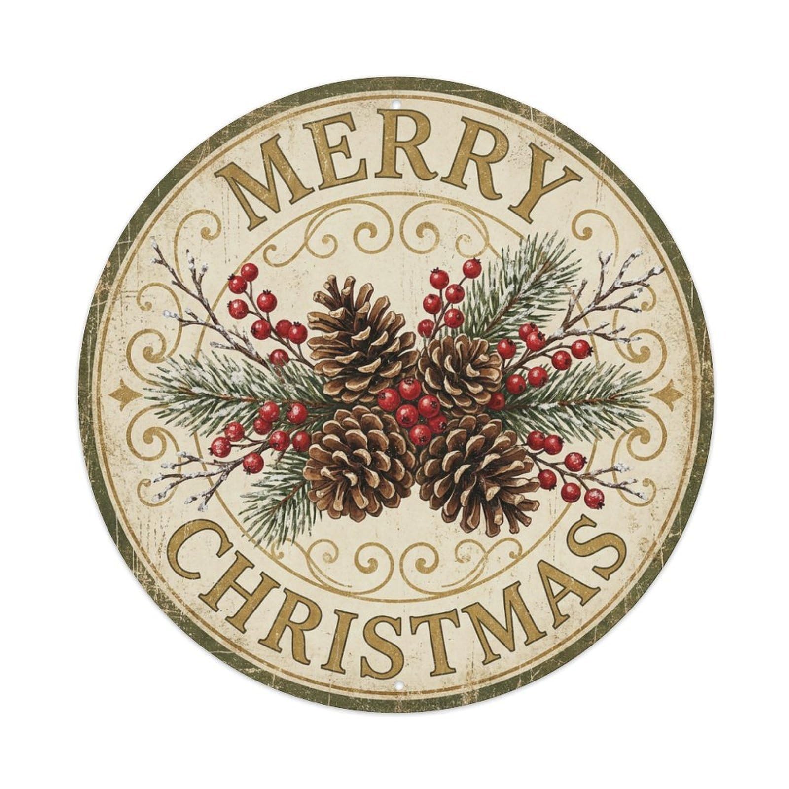 Merry Christmas Pinecone Berry Twig Metal Tin Sign