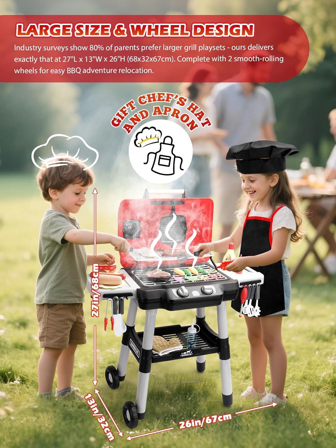 Kids Kitchen Toy Barbecue Grill Playset Cooking Interactive Toys with Smoke Sound Light Simulation Chef Apron Hat Little Chef Pretend Play Accessories Christmas Birthday Gift for Boys Girls