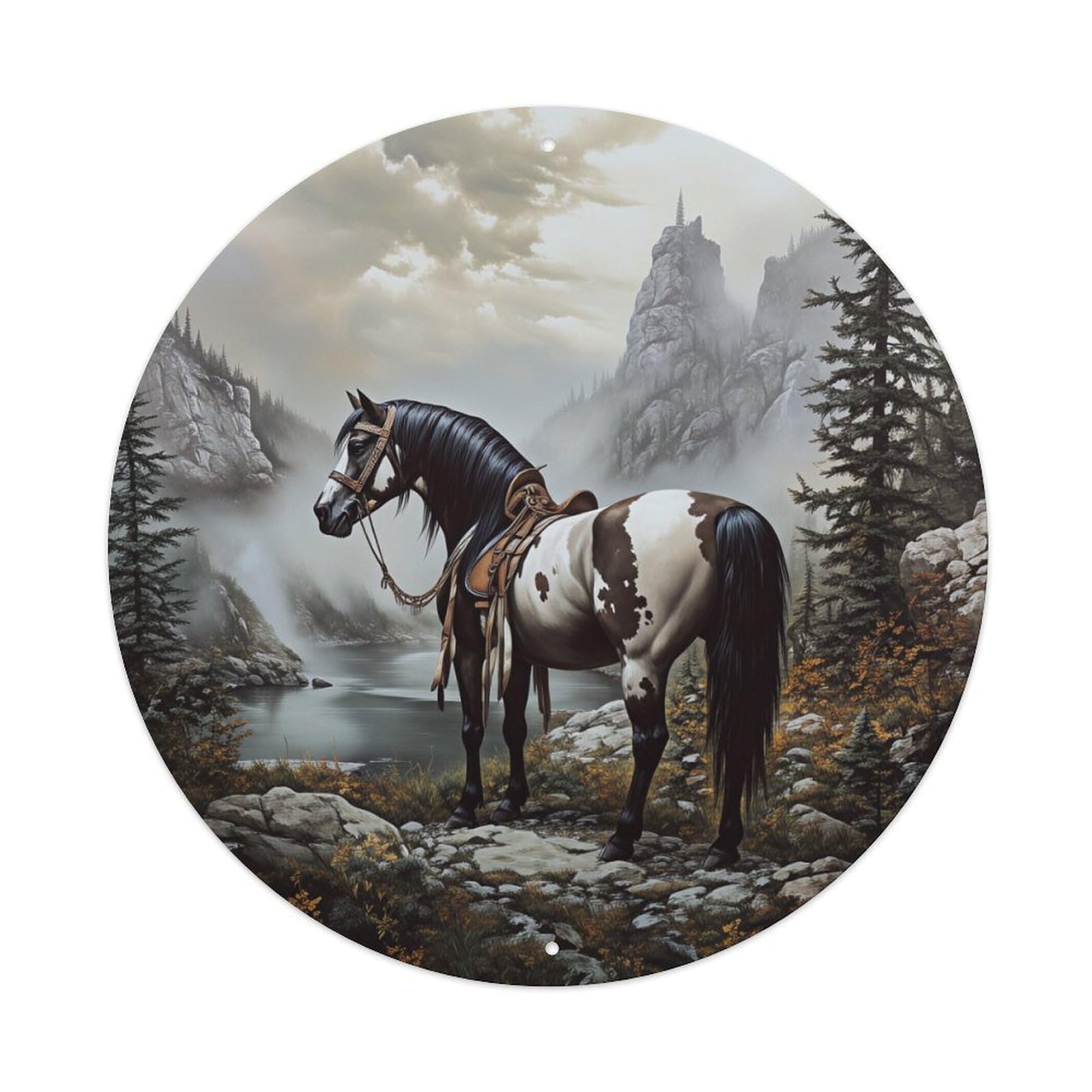 Horse Mountain Forest River Sky Round Tin Sign Vintage Metal Poster, Home Bar Garage Man Cave Cafe Indoor & Outdoor Wall Decoration 8x8Inches