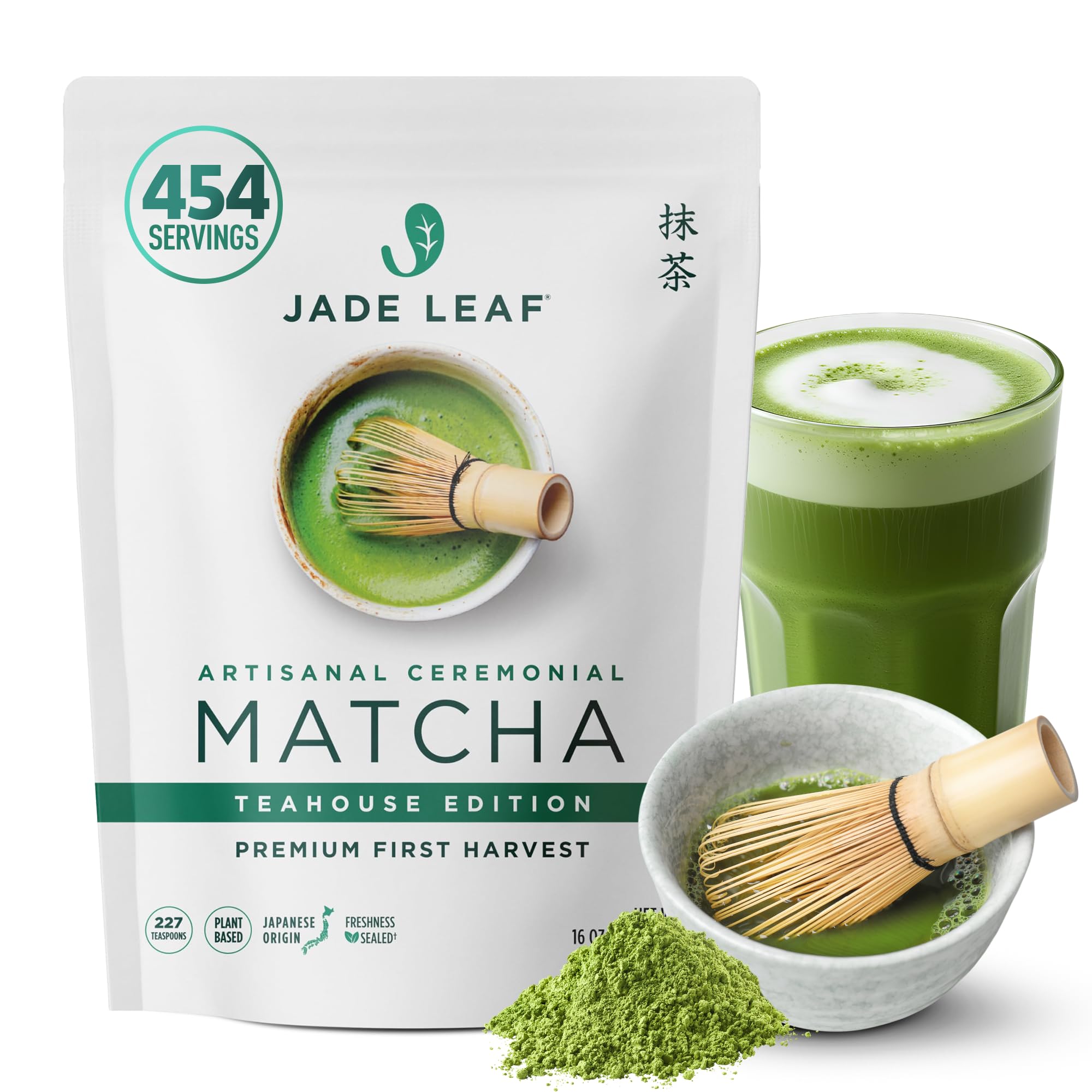Jade Leaf Matcha Ceremonial Grade Matcha Green Tea Powder - Authentic Japanese Origin - Artisanal Teahouse Edition Premium First Harvest (1 Pound Bulk Matcha)
