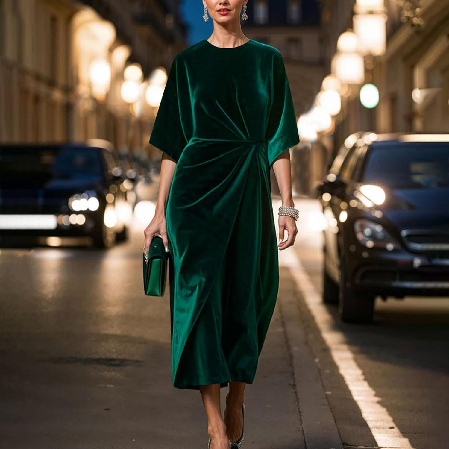 FZYLQY Womens Velvet Midi Dress Short Sleeve Crew Neck Elegant Party Dress Draped Waist Formal Evening Cocktail Outfits