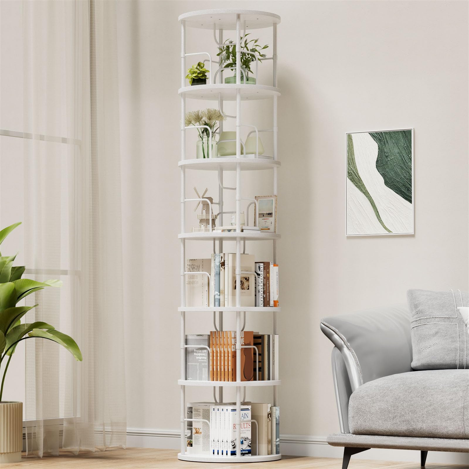 OCTORO 6 Tier Rotating Bookshelf, 360° Corner Bookshelf Tower, Round Revolving Bookcase with Adjustable Levels, Spinning Book Shelf for Home Office, Bedroom, Living Room, 45 x 45 x 193 cm, White