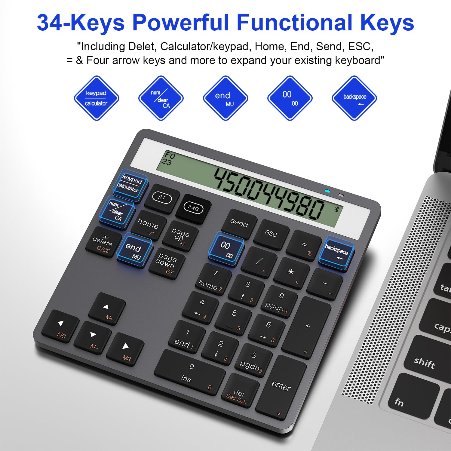 2 in 1 Tastierino Numerico Bluetooth e 2.4G, 34 Tasti Tastierino Numerico con Calcolatrice per PC/laptop/iPhone/iPad, Tastierino Numerico per Windows/Mac/iOS/Android