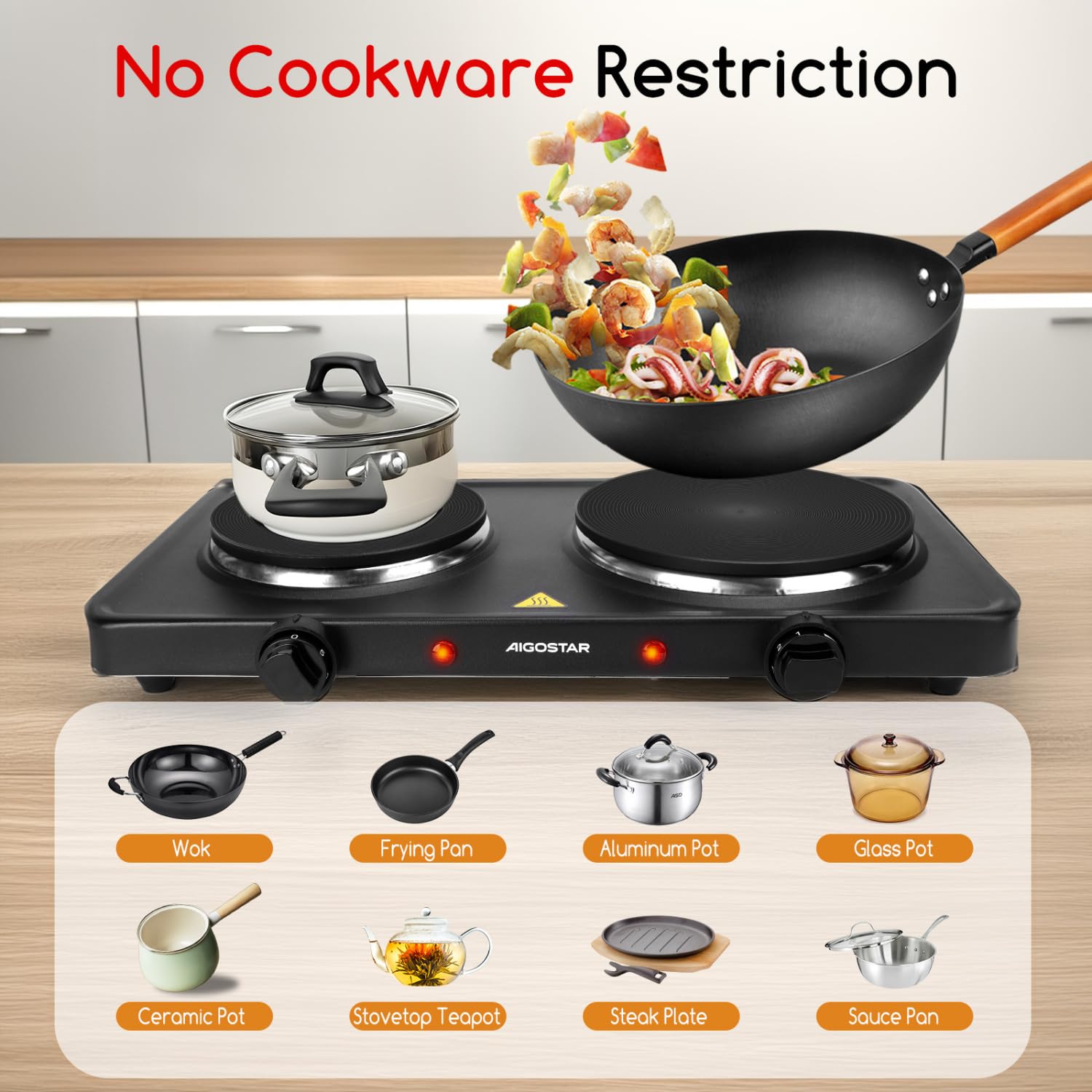 Aigostar Hornillo Electrico de 2500W, Cocina Electrica Portatil, con 2 Quemadores de 185mm y 155mm de Diámetro, Termostato Ajustable de 5 Niveles, Almohadilla Antideslizante, Adecuada Para Acampar