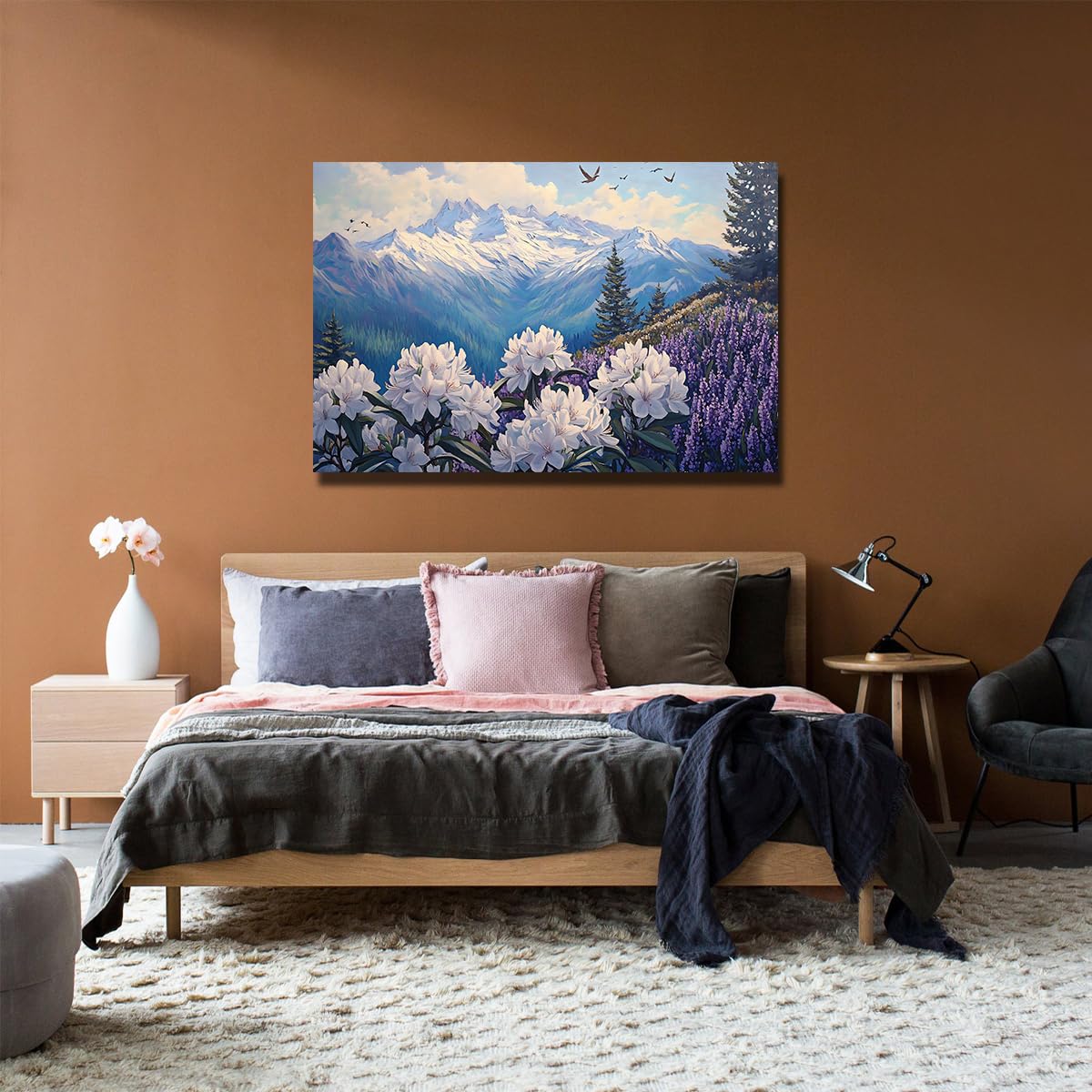 YUNART Mountain Wall Art Canvas Pictures Natural Landscape For Living Room Forest Tree Flowers Paintings For Bedroom Home Decor 65x100cm Inner Frame