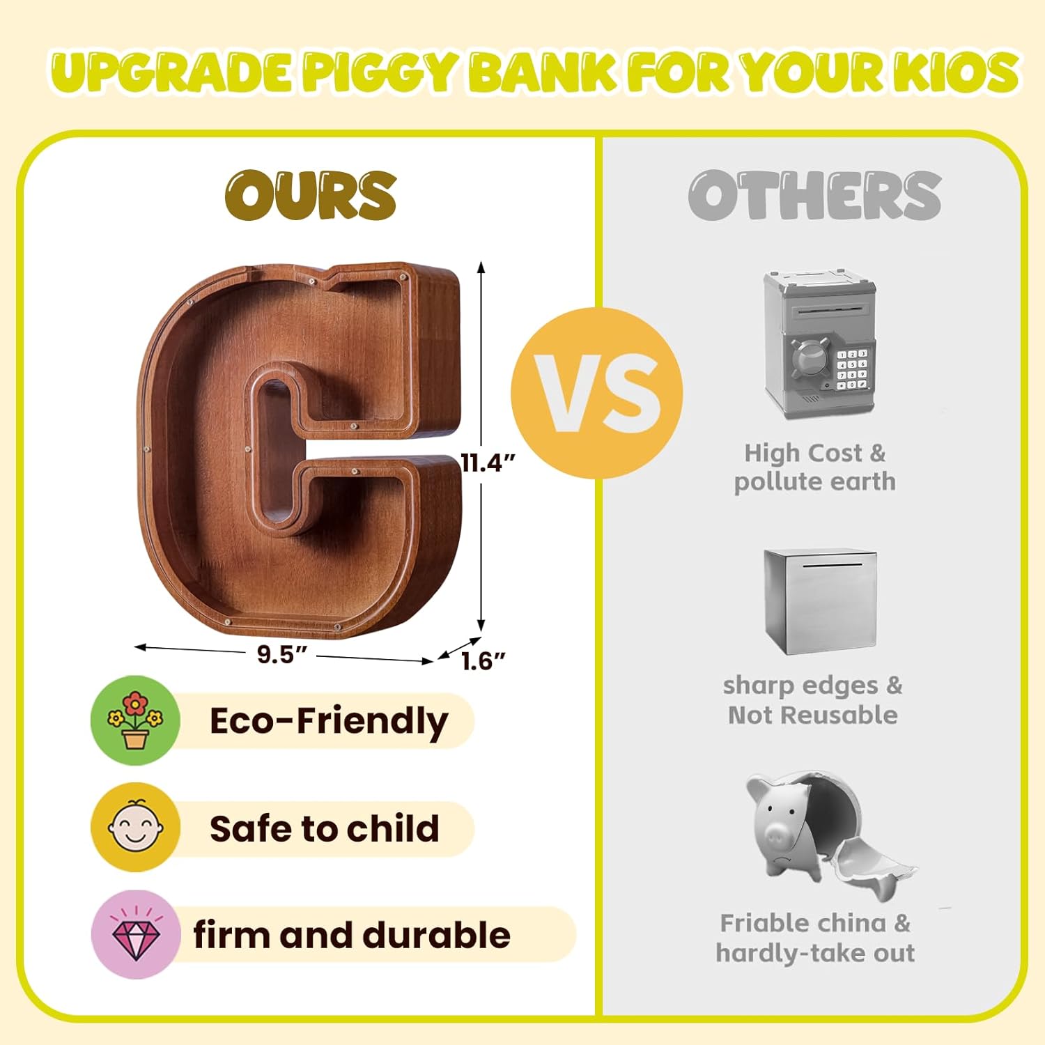 ELX Large Letter Piggy Bank for Kids Boys, Personalized Wooden Money Bank, Safe & Durable Savings Box for Toddlers Girls, Gifts for Birthday Holiday Christmas
