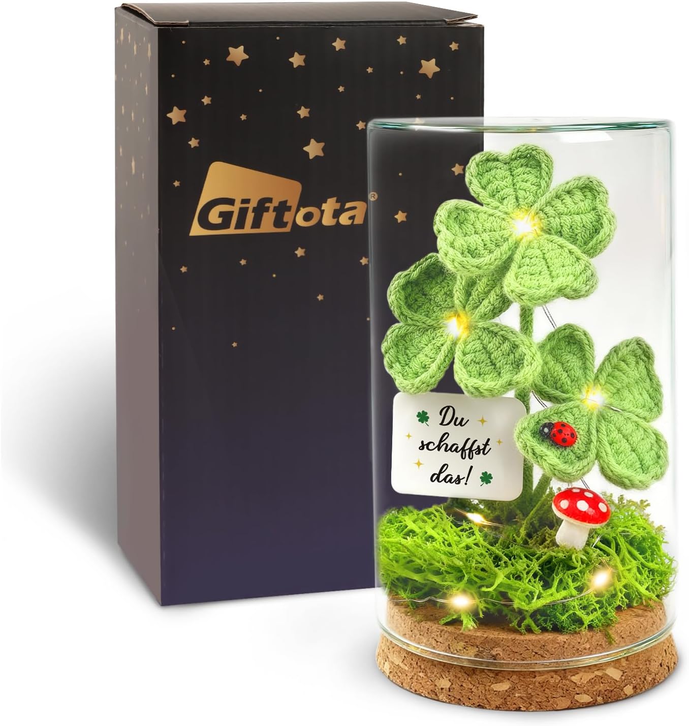 Giftota Lucky Charm Positive Gifts, Knitted Four Leaf Clover in Glass with LED Fairy Lights, Courage Gift, Get Well Soon Gifts, You Create the Gift