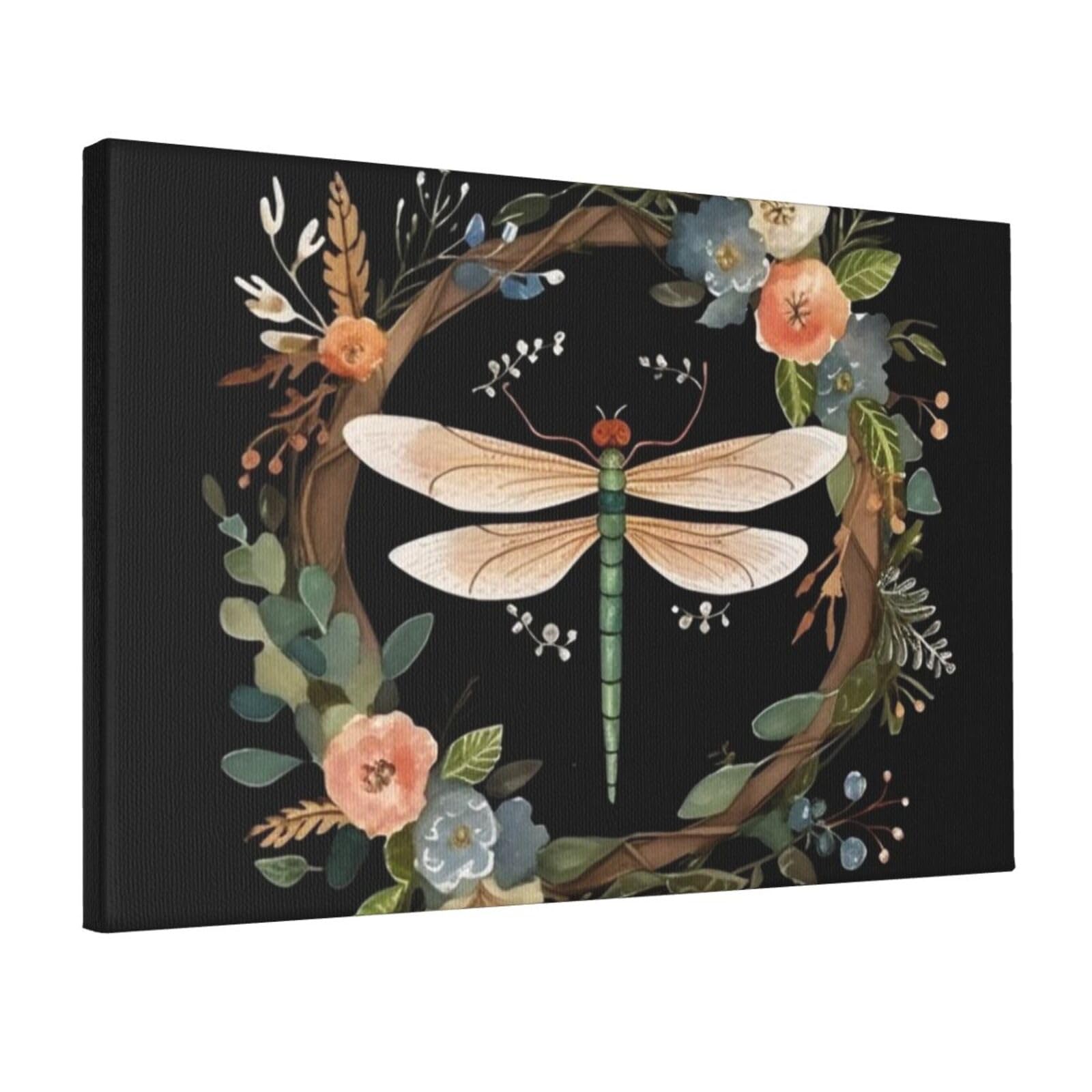 KLOPH Image of dragonfly in wreath Canvas Wall Art for Living Room 12"x18" Modern Artwork Painting for Bathroom Hanging Canvas Prints Aesthetic Wallart for Bedroom Kitchen Office Wall Decor