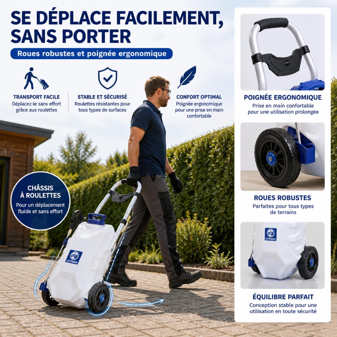 Pulvérisateur électrique Pro Sprayer OUTIWAX - 2 Batteries + Cloche de pulvérisation - Jet jusqu'à 10m à 13m - contenance 30L - 3 Buses Spray - Pulvérisateur électrique toiture Longue portée
