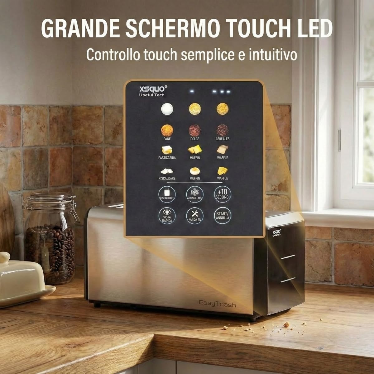 Tostapane Smart Touch Screen in Acciaio Inox - Tostapane 2 Fette con Display LED e Conto alla Rovescia, 6 Programmi di Tostatura, Funzioni Scongelamento e Riscaldamento, Vassoio Raccoglibriciole