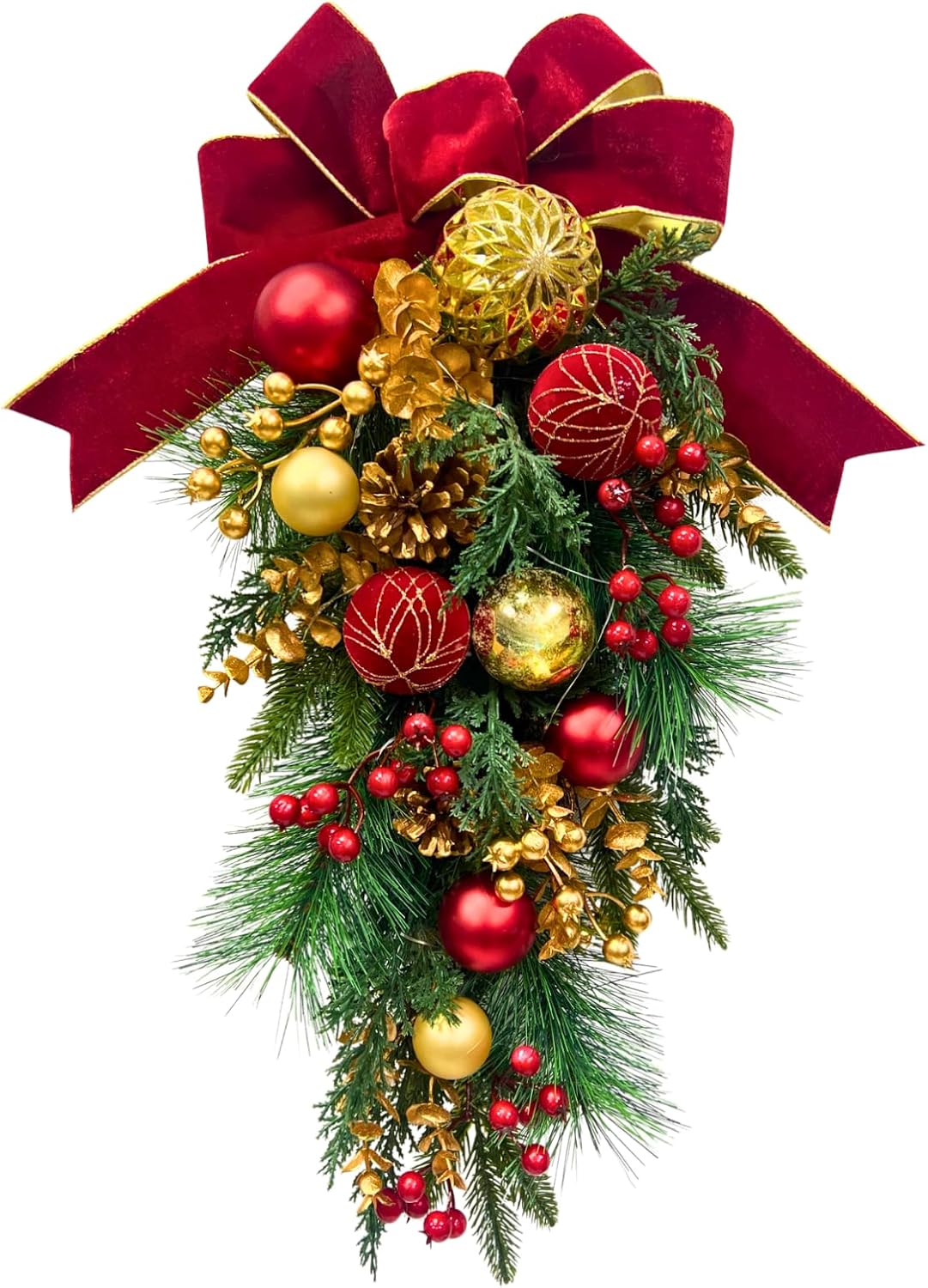 Svndlyn Lighted Red Gold Christmas Teardrop Swag with 20 LEDs and Timer