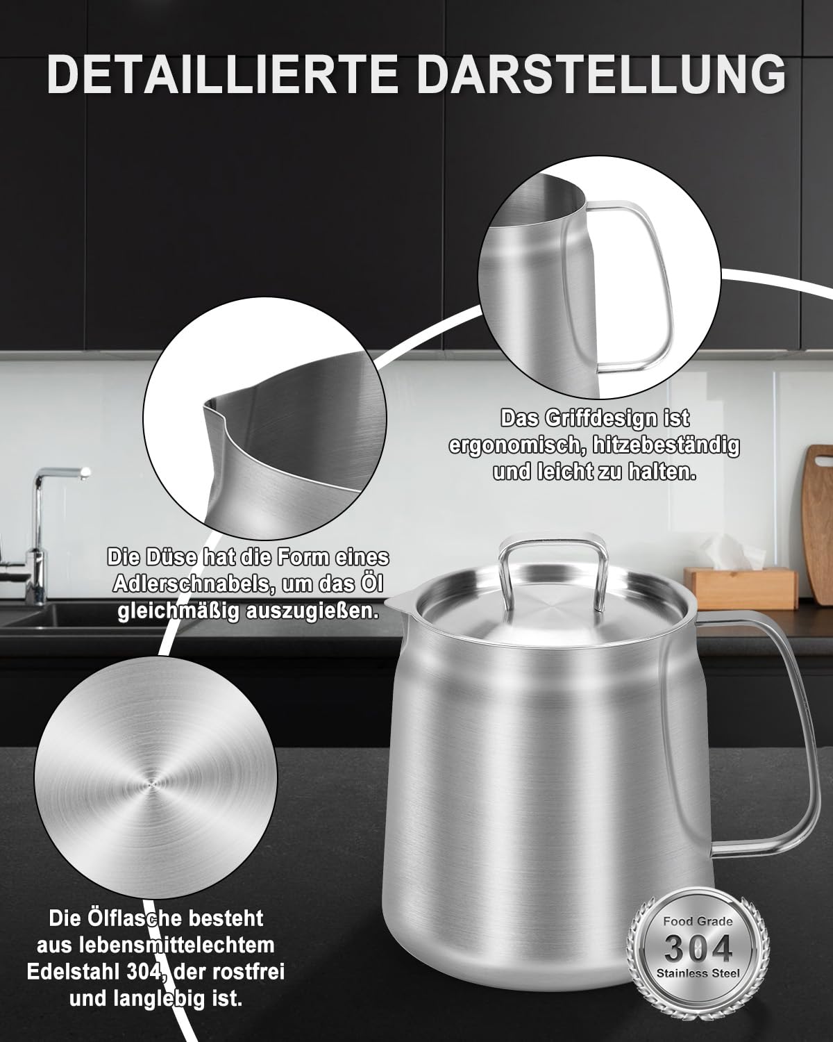 POFIBO Récipient à graisse en acier inoxydable - Pot à frire de 2 l avec passoire et couvercle - Pot pour cuisiner, rôtir et tamiser l'huile - Convient pour tous les types de cuisinières
