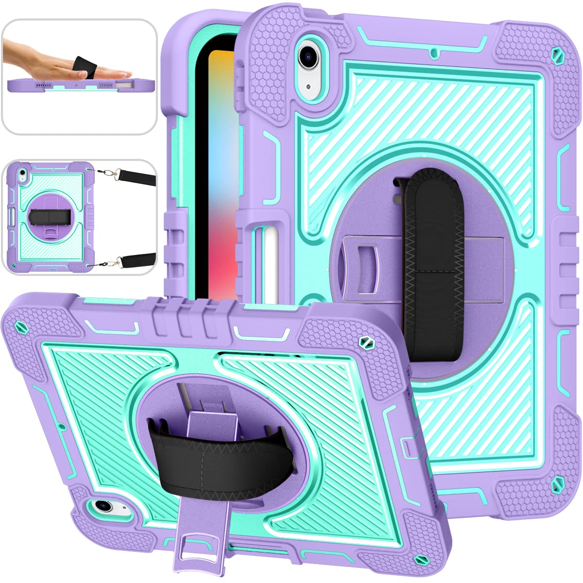Hocase for iPad 10th Generation Case 10.9" 2022, with Pencil Holder/360 Rotation Stand/Hand Strap, Heavy Duty Shockproof Rugged Soft Silicone Hard Protective Case for Kids, Girls & Women - Purple Teal
