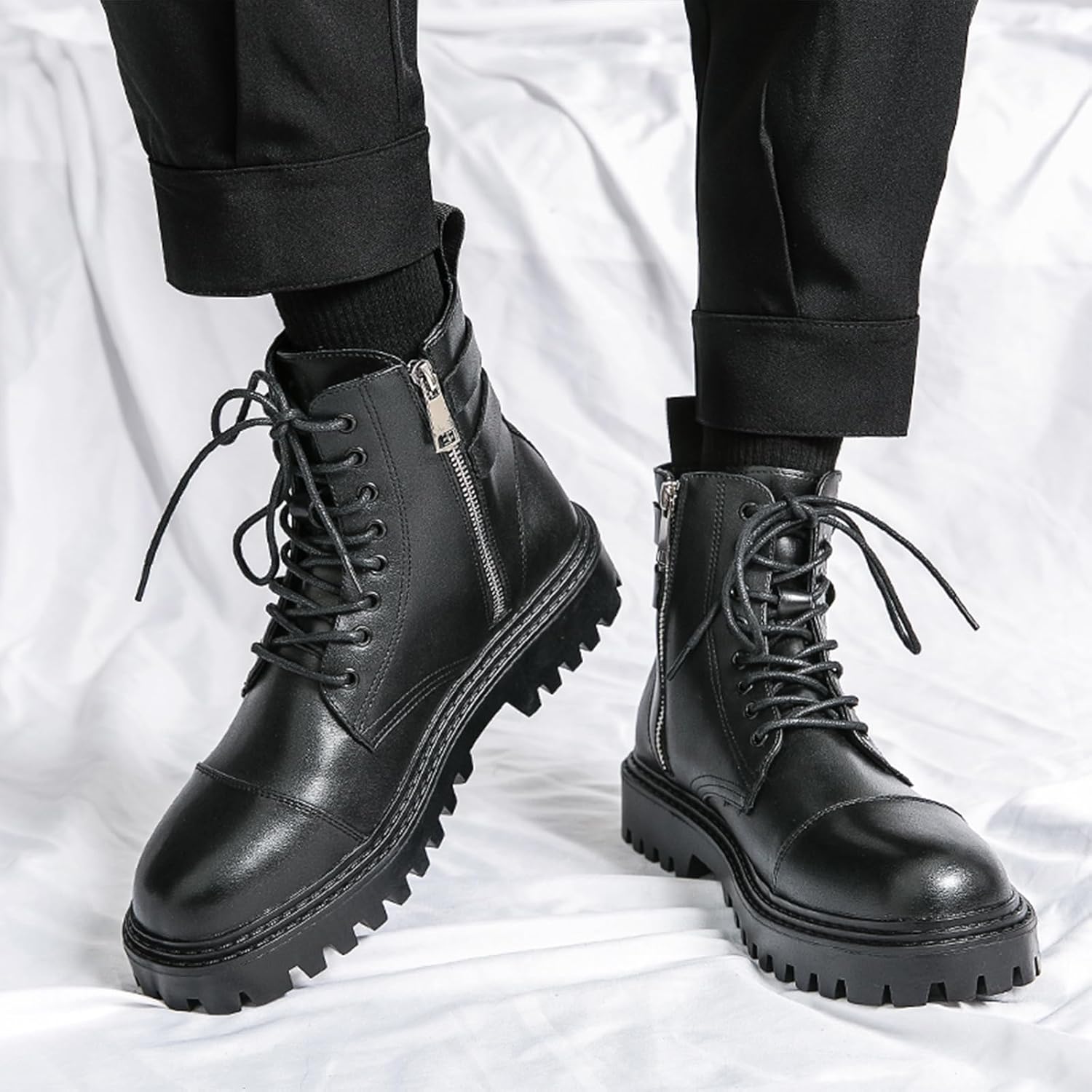 Men's Leather Platform Motorcycle Boots with Side Zipper Fashion Chunky Lug Sole Lace Up Combat Boots Casual Waterproof Biker Boots