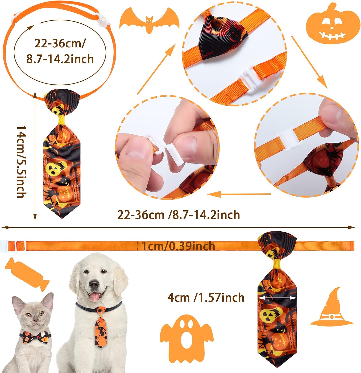 Eccliy 120 Pcs Halloween Dog Bow Ties Bulk Halloween Pet Grooming Bows | Ghost Bat Spider Web Spooky Pattern, Adjustable Collar Neckties Bulk, Large Medium Small Pet, Holiday Party Decoration