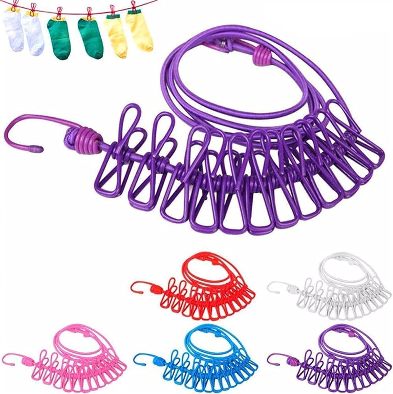 Elastic Cloth Drying Rope with Hooks | Laundry Cloths Hanging Dryer Lines for Indoor,Outdoor,Balcony with 12 Clips Stretchy Retractable (Pack of 1)